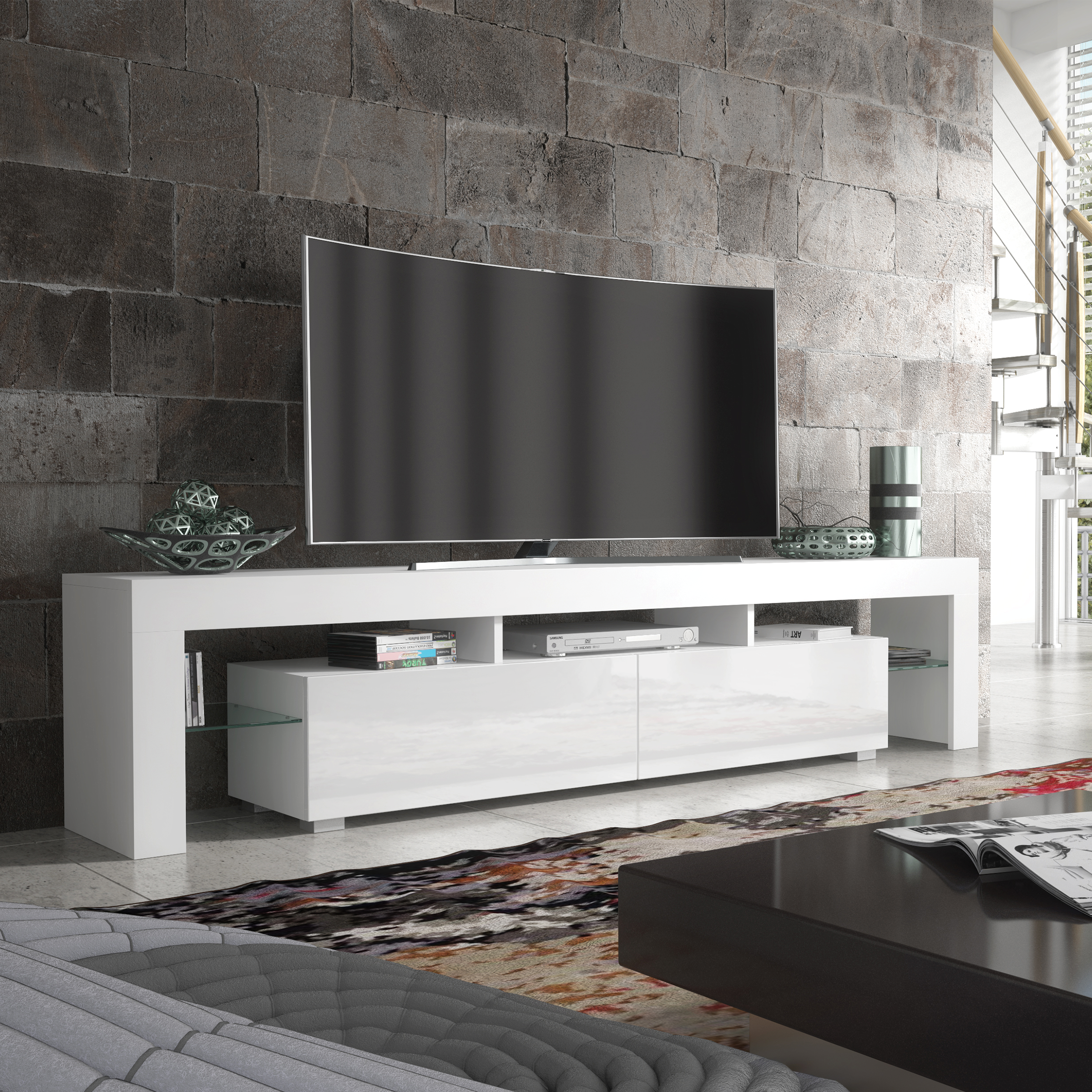 KESTA Modern TV Unit Elegant Storage Cabinet with High Gloss Doors 200cm - White - Maximillian Hub