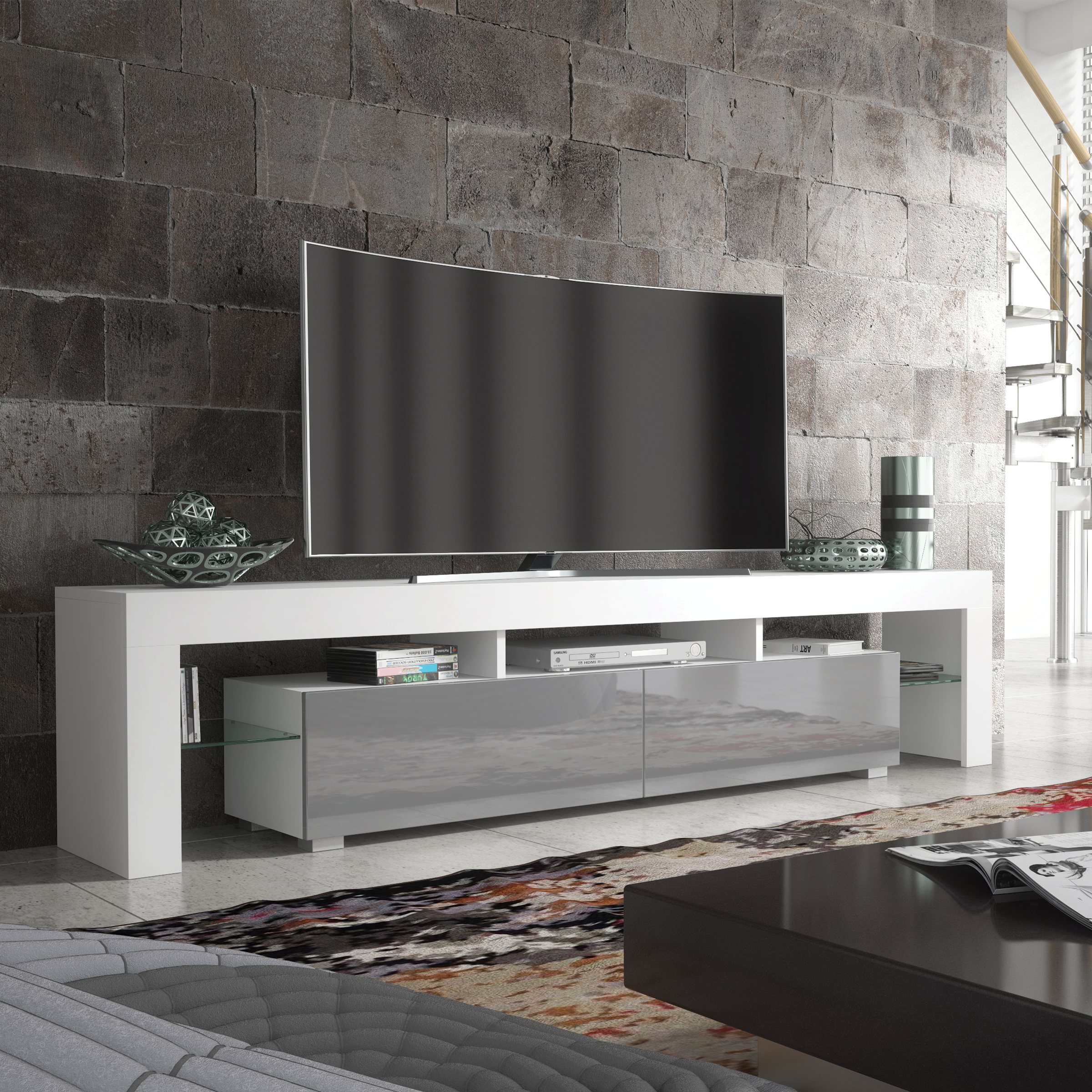 KESTA Modern TV Unit Elegant Storage Cabinet with High Gloss Doors 200cm - White with Grey - Maximillian Hub