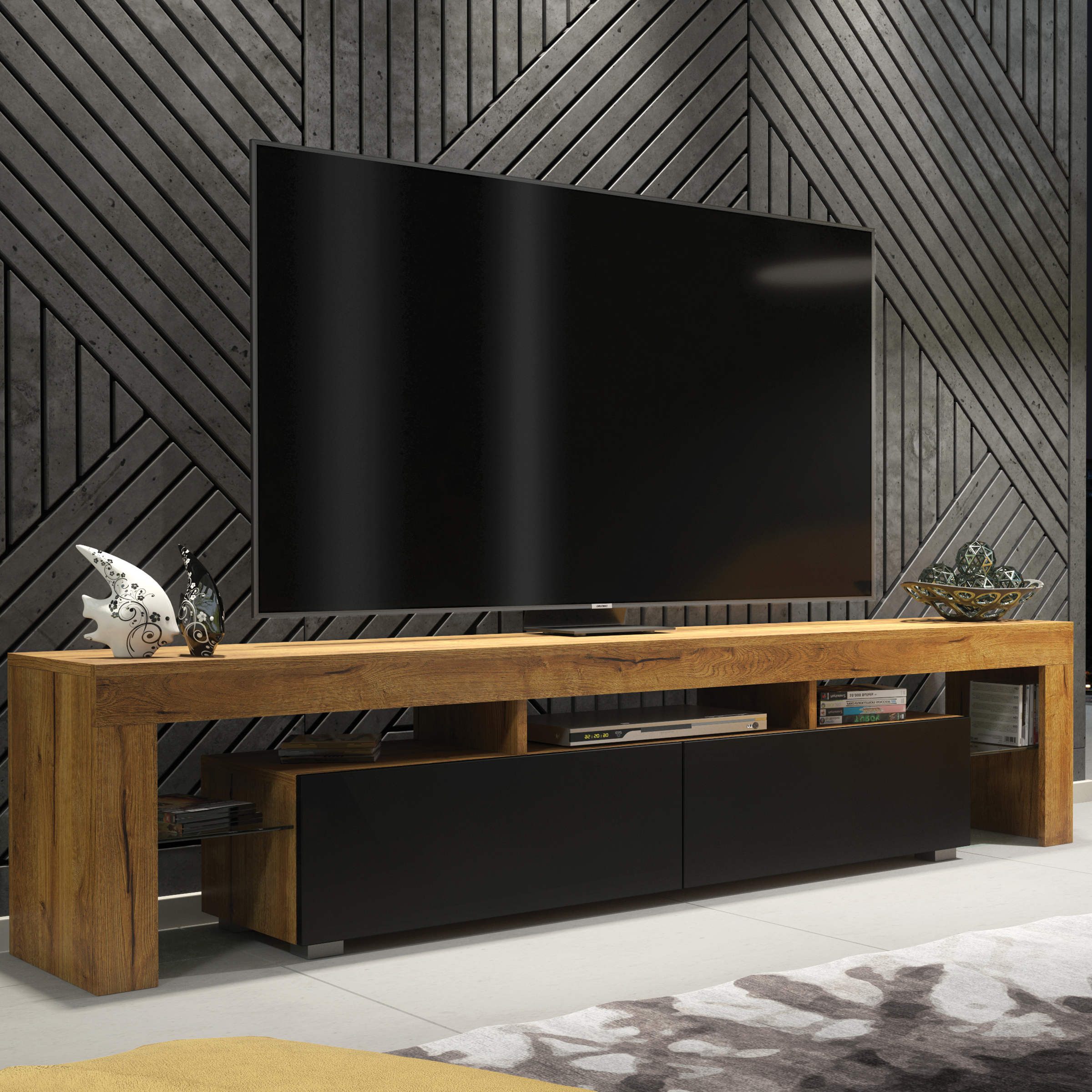 KESTA Modern TV Unit Elegant Storage Cabinet with Matt Doors 200cm - Oak with Black - Maximillian Hub