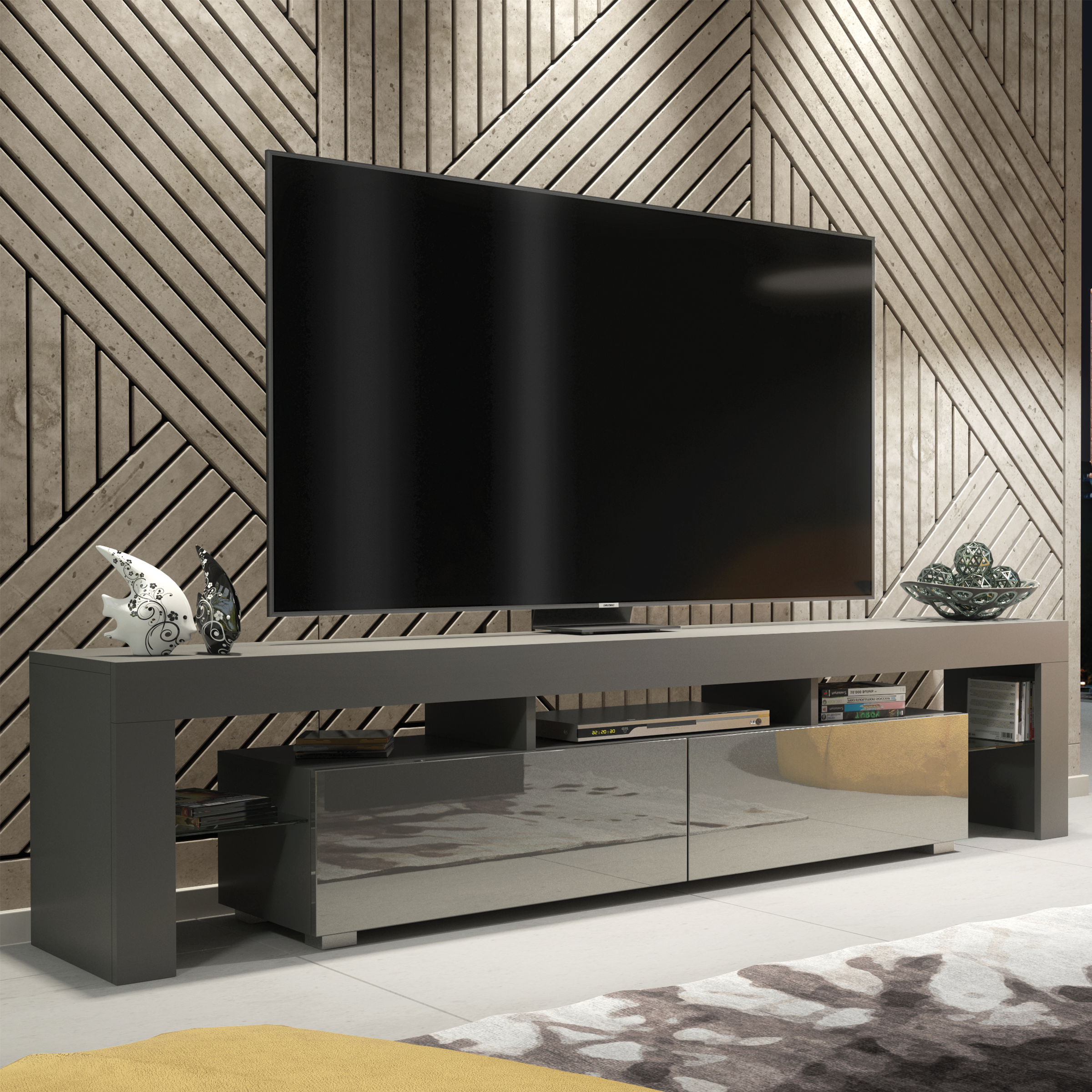 KESTA Modern TV Unit Elegant Storage Cabinet with High Gloss Doors 200cm - Grey - Maximillian Hub