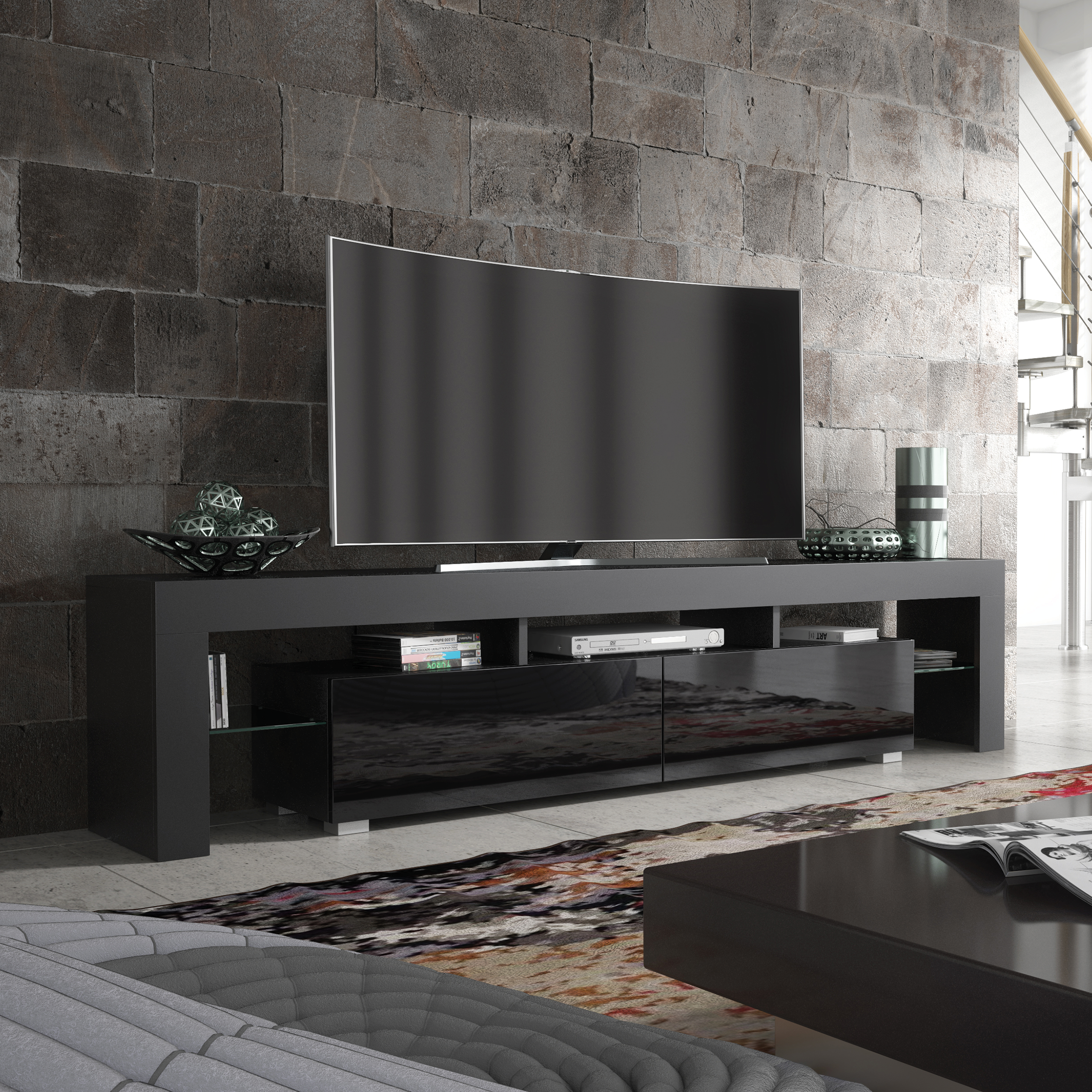 KESTA Modern TV Unit Elegant Storage Cabinet with High Gloss Doors 200cm - Black - Maximillian Hub