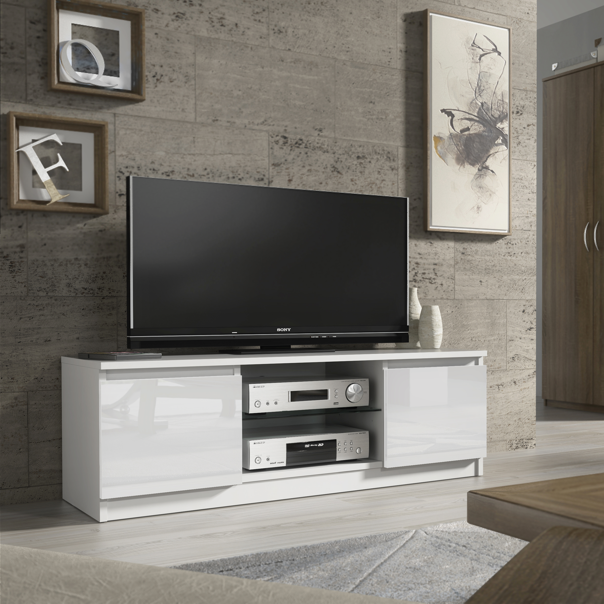 TEMELA Modern TV Unit Compact Cabinet with High Gloss Doors 130cm - White - Maximillian Hub