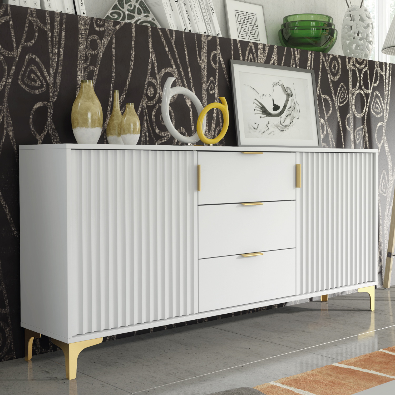 PERUGIA Crest Gold Sideboard 140cm - White - Crete Bay