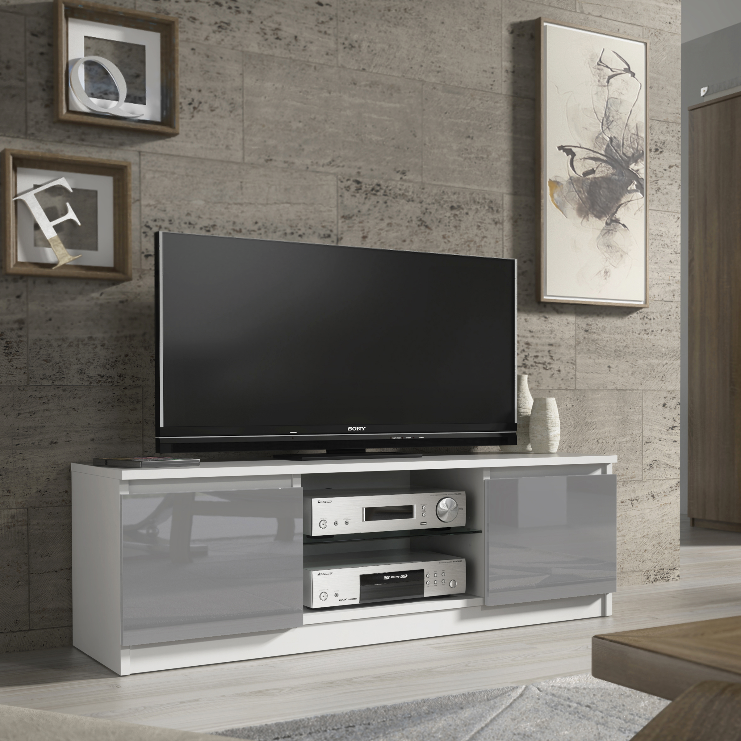 TEMELA Modern TV Unit Compact Cabinet with High Gloss Doors 130cm - White with Grey - Maximillian Hub