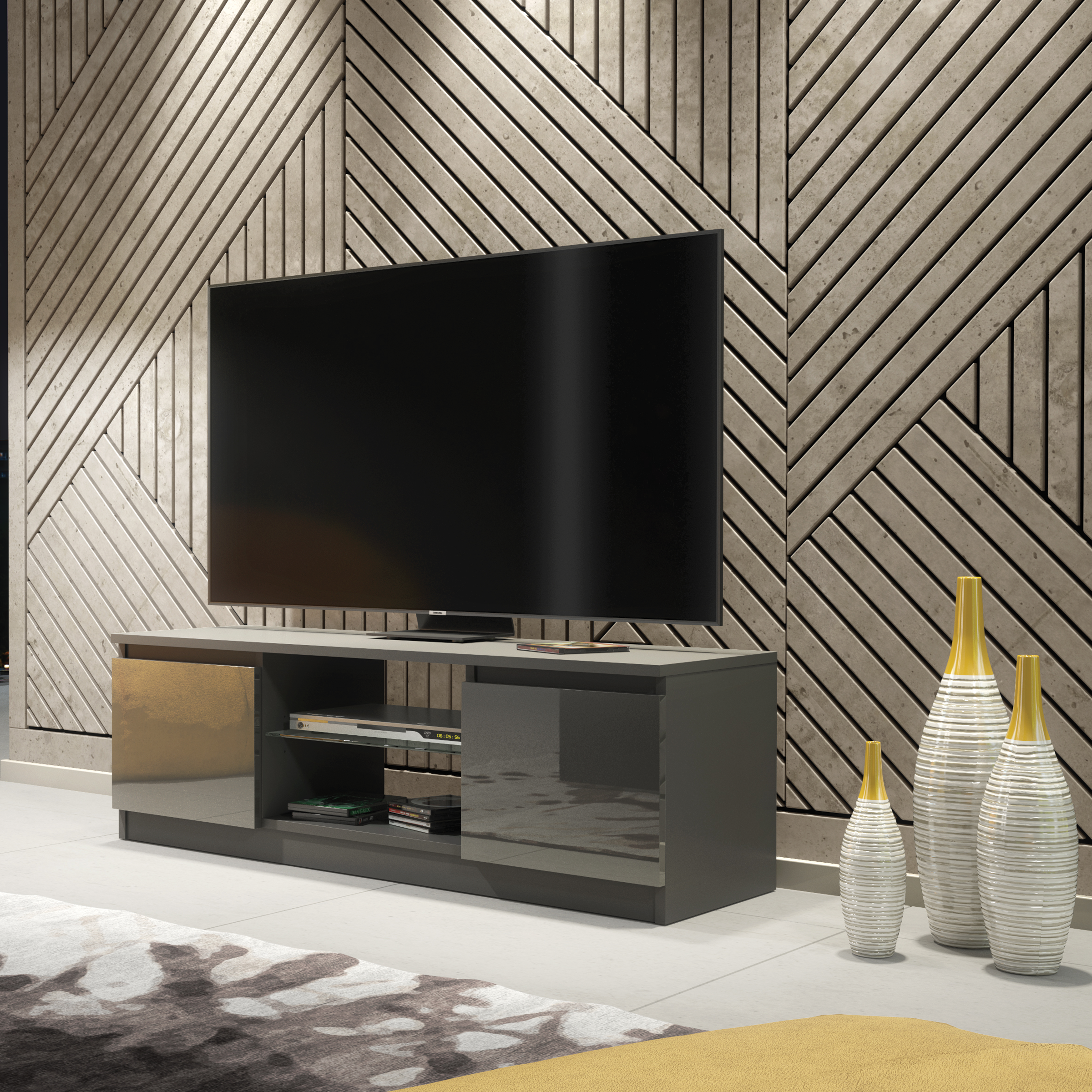 TEMELA Modern TV Unit Compact Cabinet with High Gloss Doors 130cm - Grey - Maximillian Hub