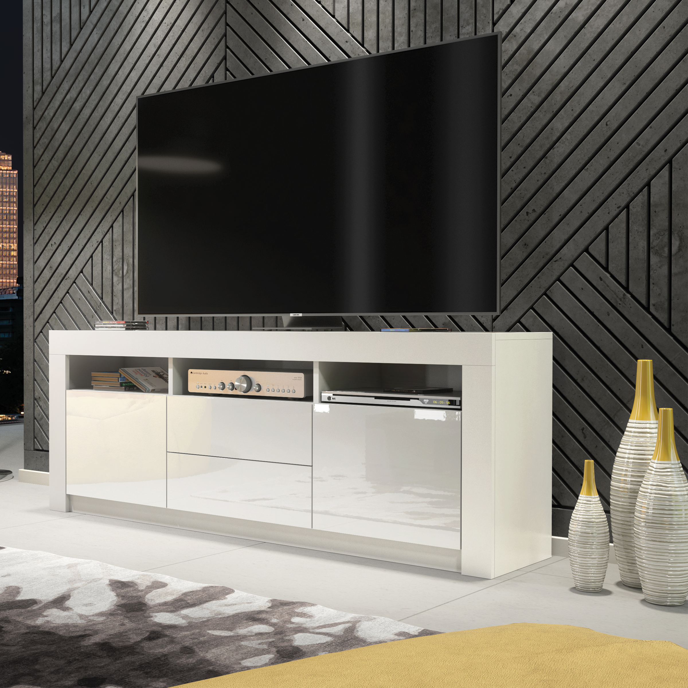 URFI Modern TV Unit Matt Body with High Gloss Fronts 160cm - White - Maximillian Hub