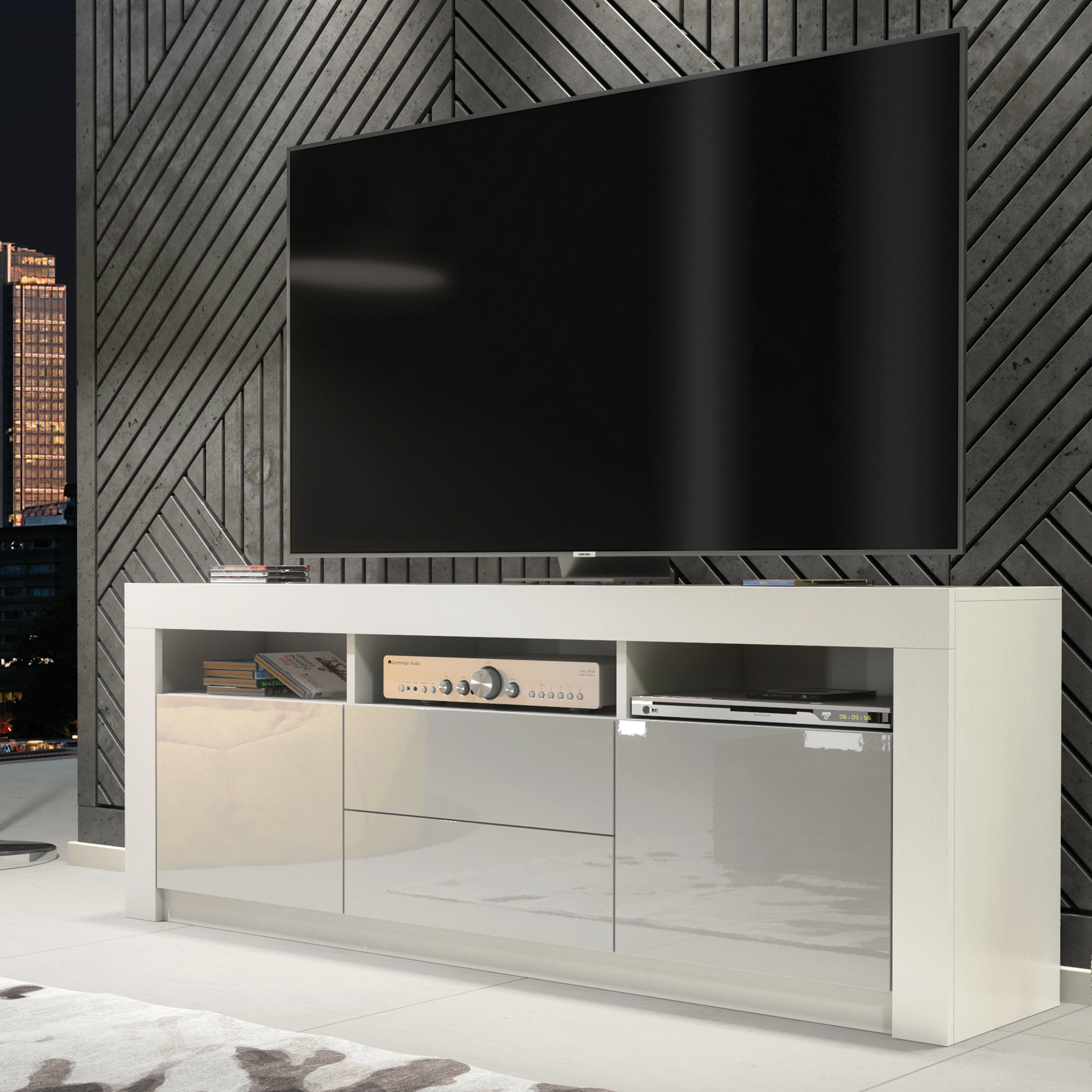 URFI Modern TV Unit Matt Body with High Gloss Fronts 160cm - White with Grey - Maximillian Hub
