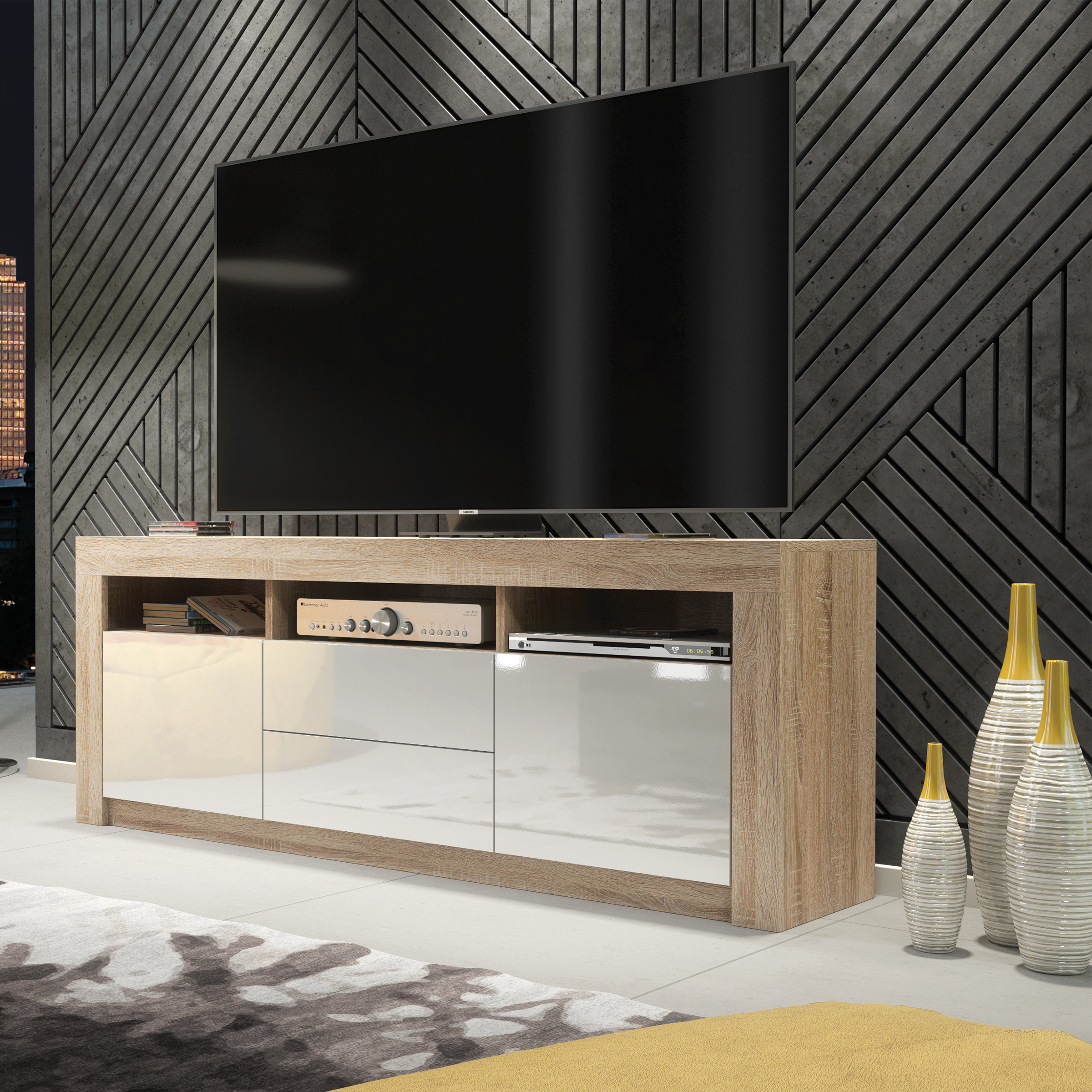 URFI Modern TV Unit Matt Body with High Gloss Fronts 160cm - Oak with White - Maximillian Hub