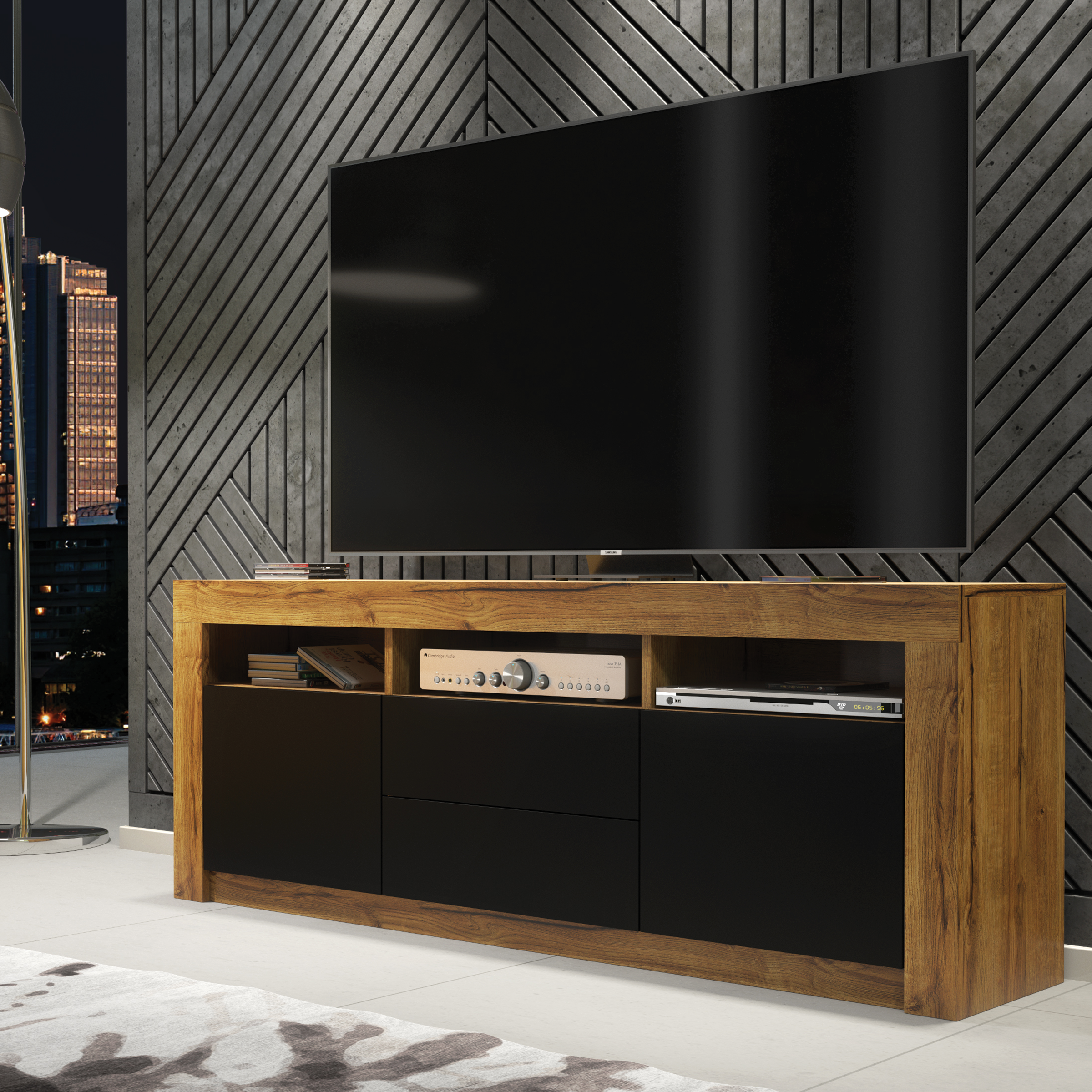 URFI Modern TV Unit Sleek Storage Cabinet with Matt Fronts 160cm - Oak with Black - Maximillian Hub