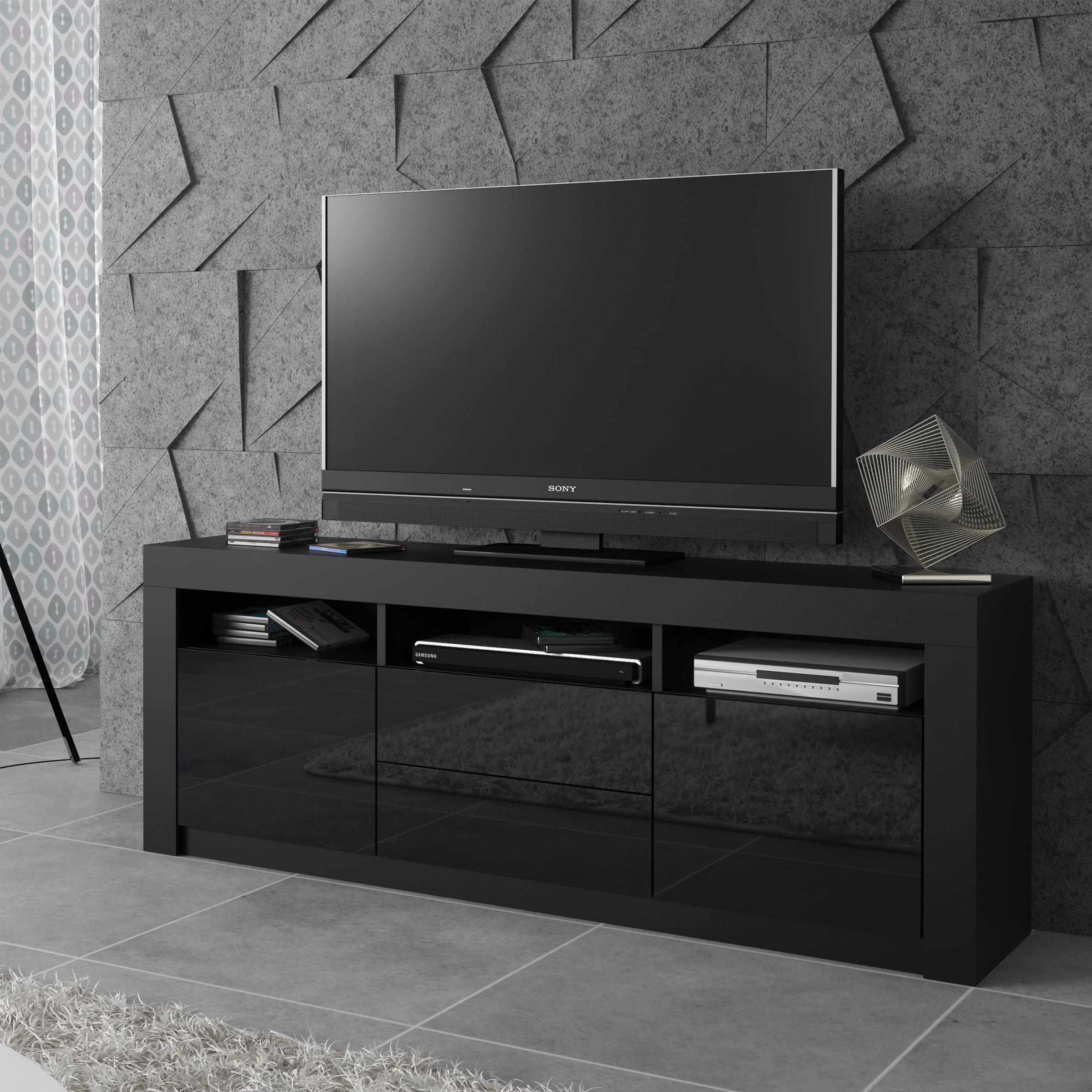 URFI Modern TV Unit Matt Body with High Gloss Fronts 160cm - Black - Maximillian Hub