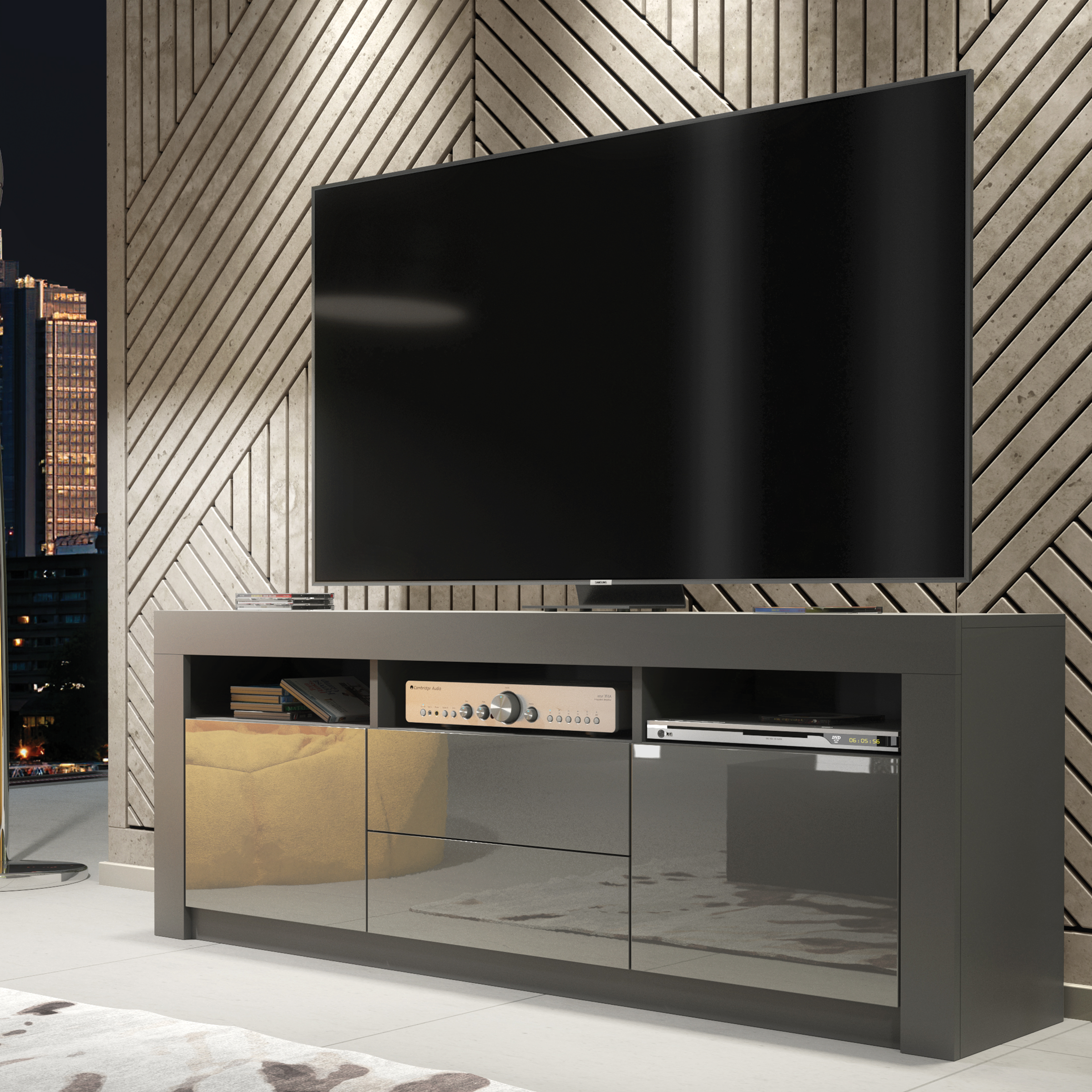 URFI Modern TV Unit Matt Body with High Gloss Fronts 160cm - Grey - Maximillian Hub