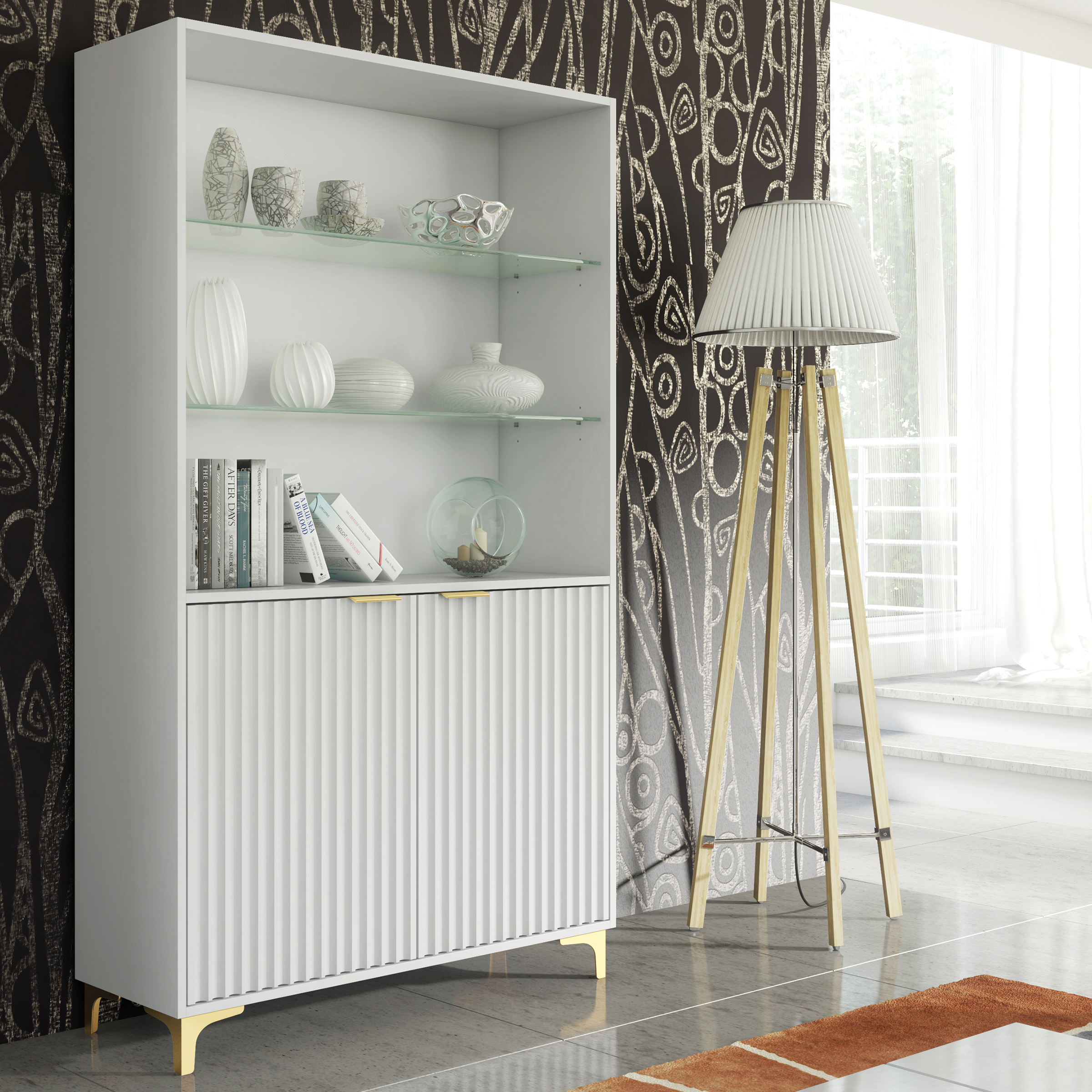 LUKMAN Modern Display Cabinet Matt Body with Gold Handles And Glass Shelves 170cm - White - Maximillian Hub