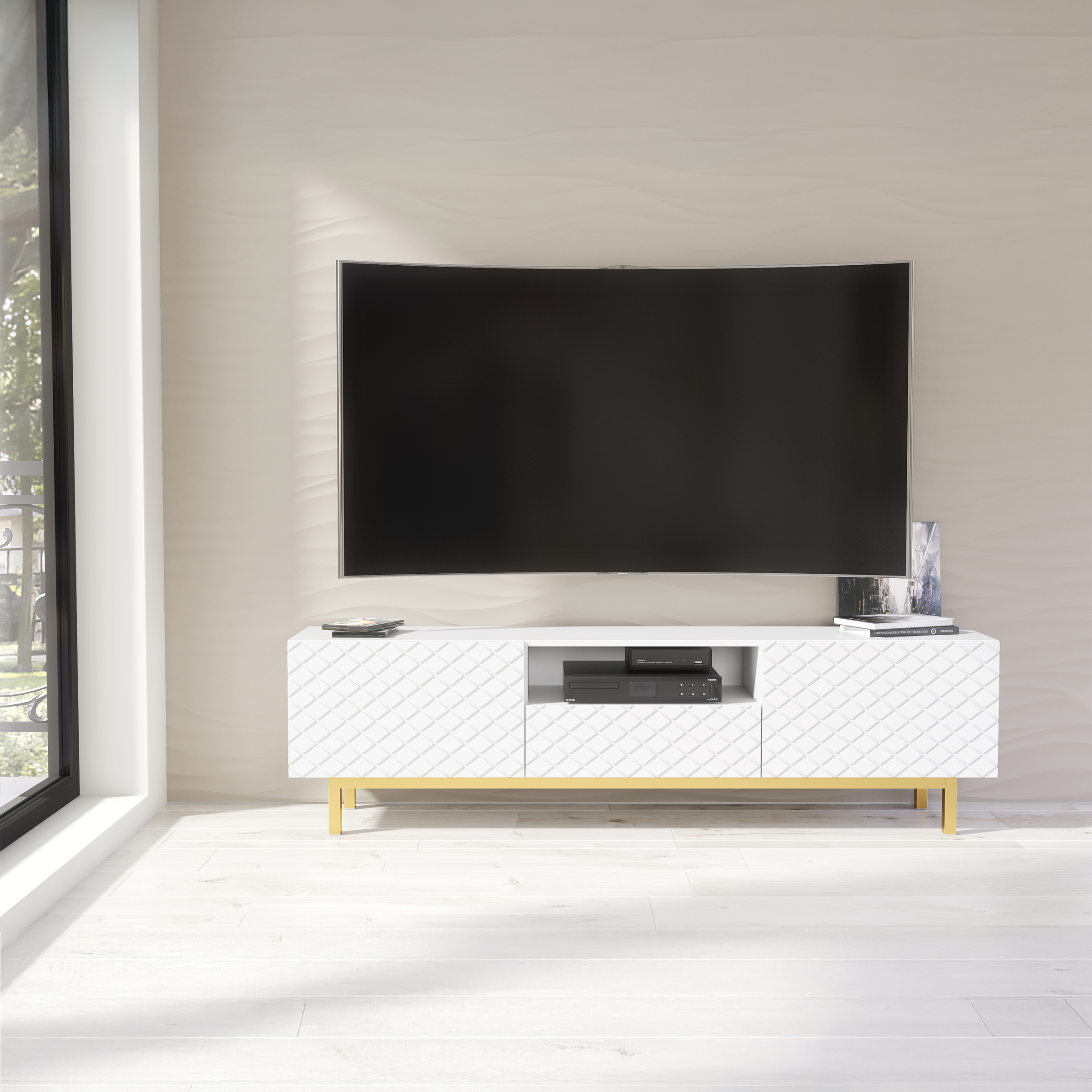 PARTA Modern TV Unit Cabinet Elegant Sideboard with Patterned Doors And Gold Accents 180cm - White - Maximillian Hub