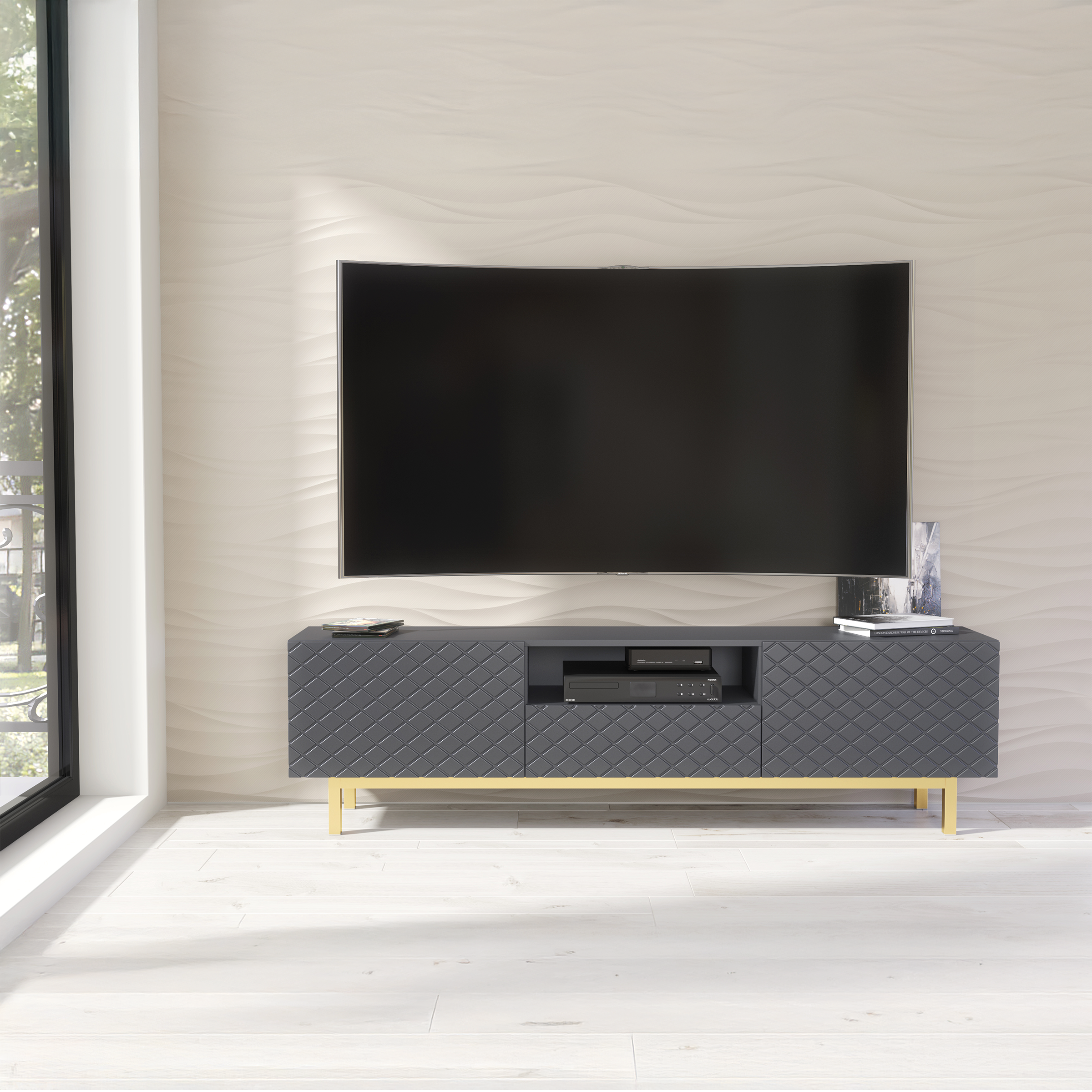 PARTA Modern TV Unit Cabinet Elegant Sideboard with Patterned Doors And Gold Accents 180cm - Grey - Maximillian Hub