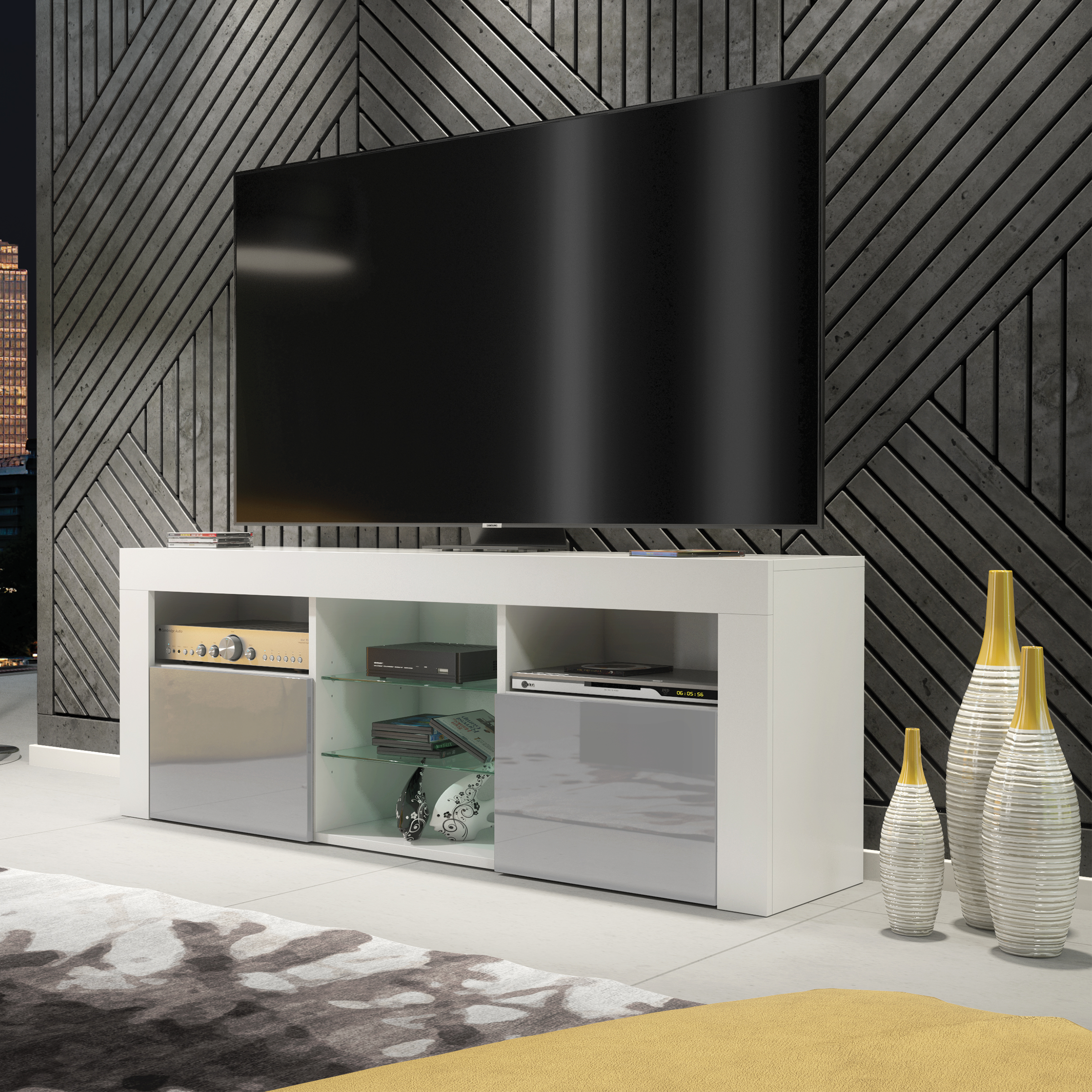 AMBA Modern TV Unit Stylish Storage Cabinet with Gloss Doors 145cm - White with Grey - Maximillian Hub
