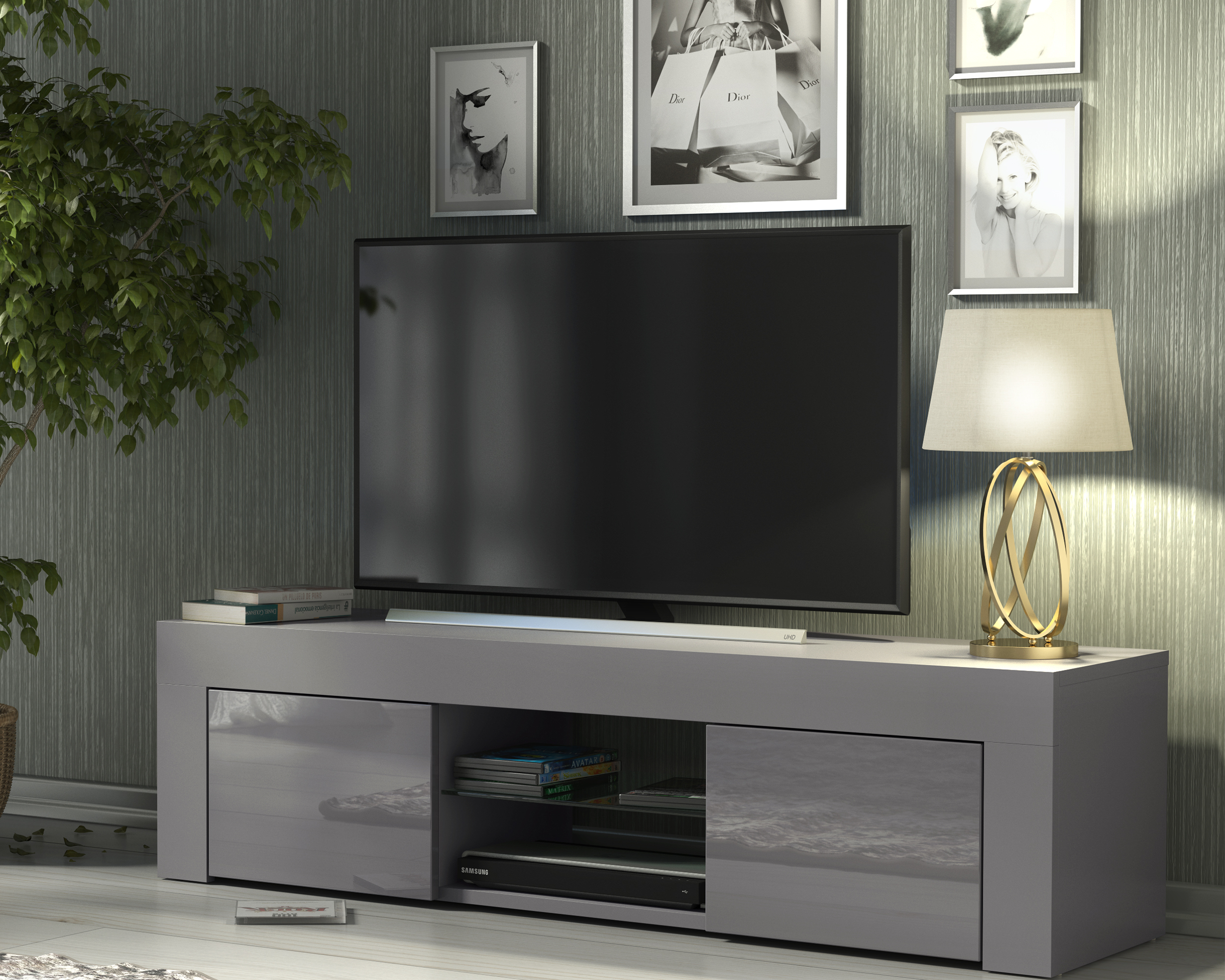 TUSSI Modern TV Unit Cabinet Stylish Matt Body And Gloss Doors 130cm - Grey - Maximillian Hub
