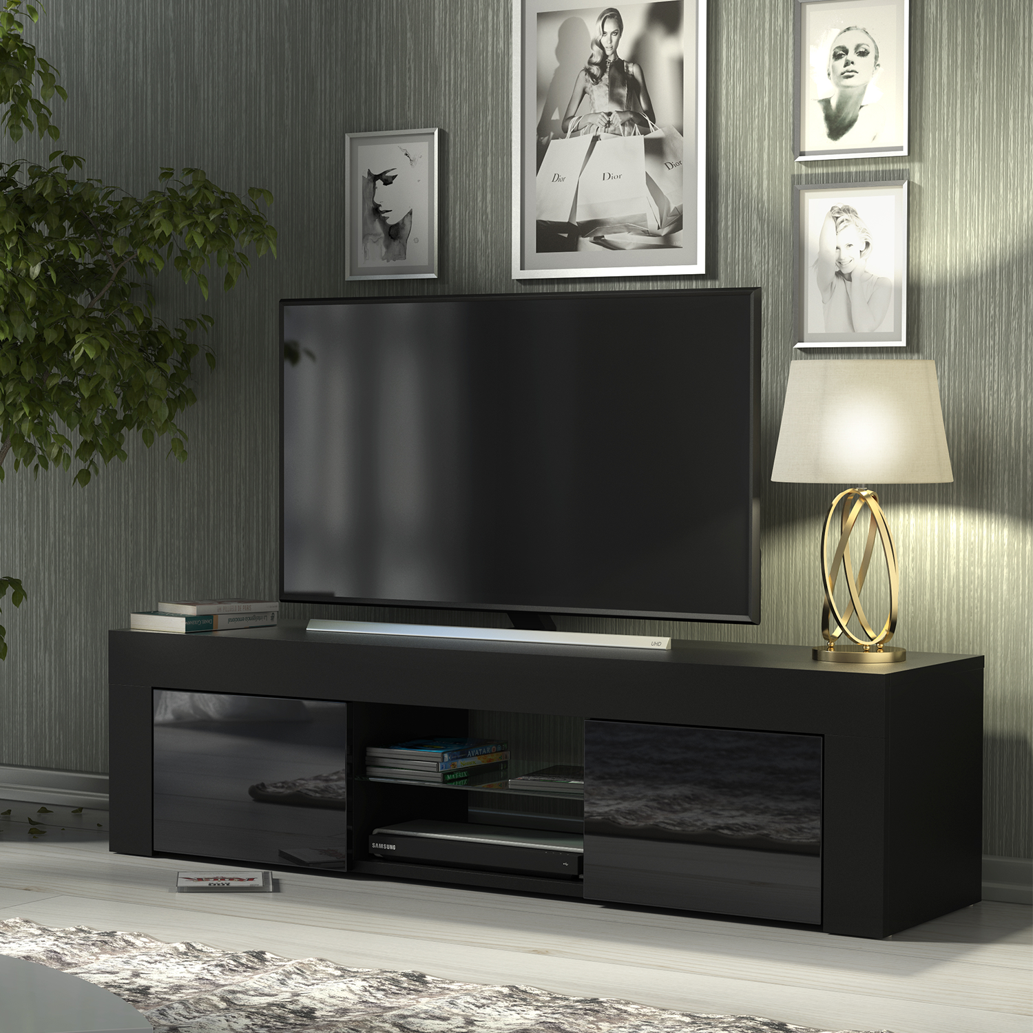 TUSSI Modern TV Unit Cabinet Stylish Matt Body And Gloss Doors 130cm - Black - Maximillian Hub