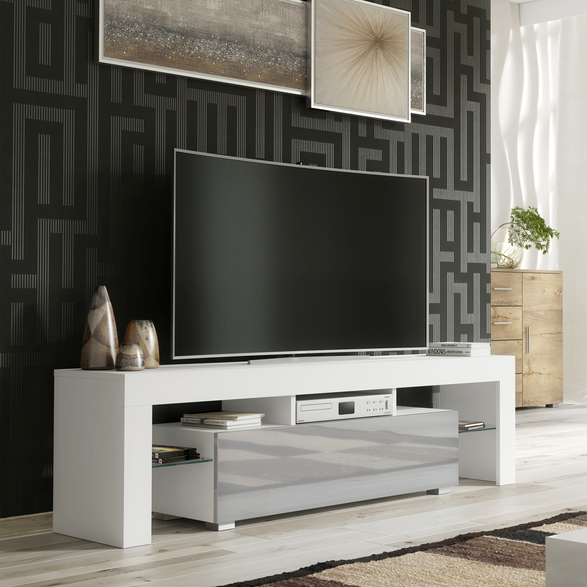 TERVIS Modern TV Unit Cabinet Stylish Sideboard with High Gloss Doors 160cm - White with Grey - Maximillian Hub