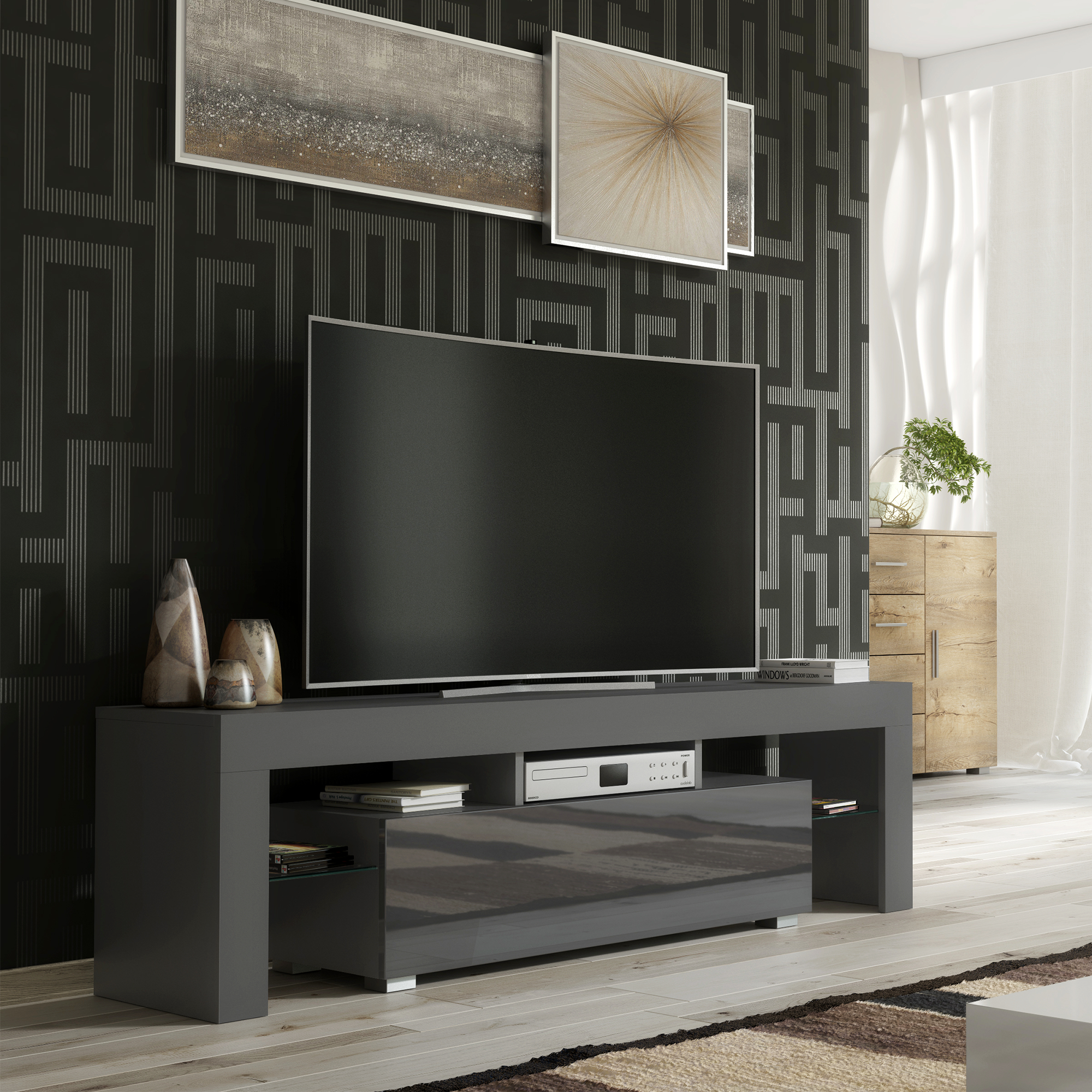 TERVIS Modern TV Unit Cabinet Stylish Sideboard with High Gloss Doors 160cm - Grey - Maximillian Hub