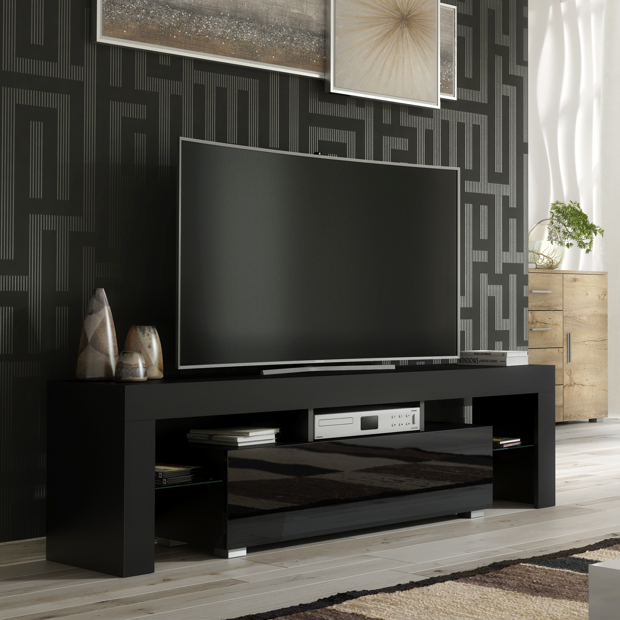TERVIS Modern TV Unit Cabinet Stylish Sideboard with High Gloss Doors 160cm - Black - Maximillian Hub