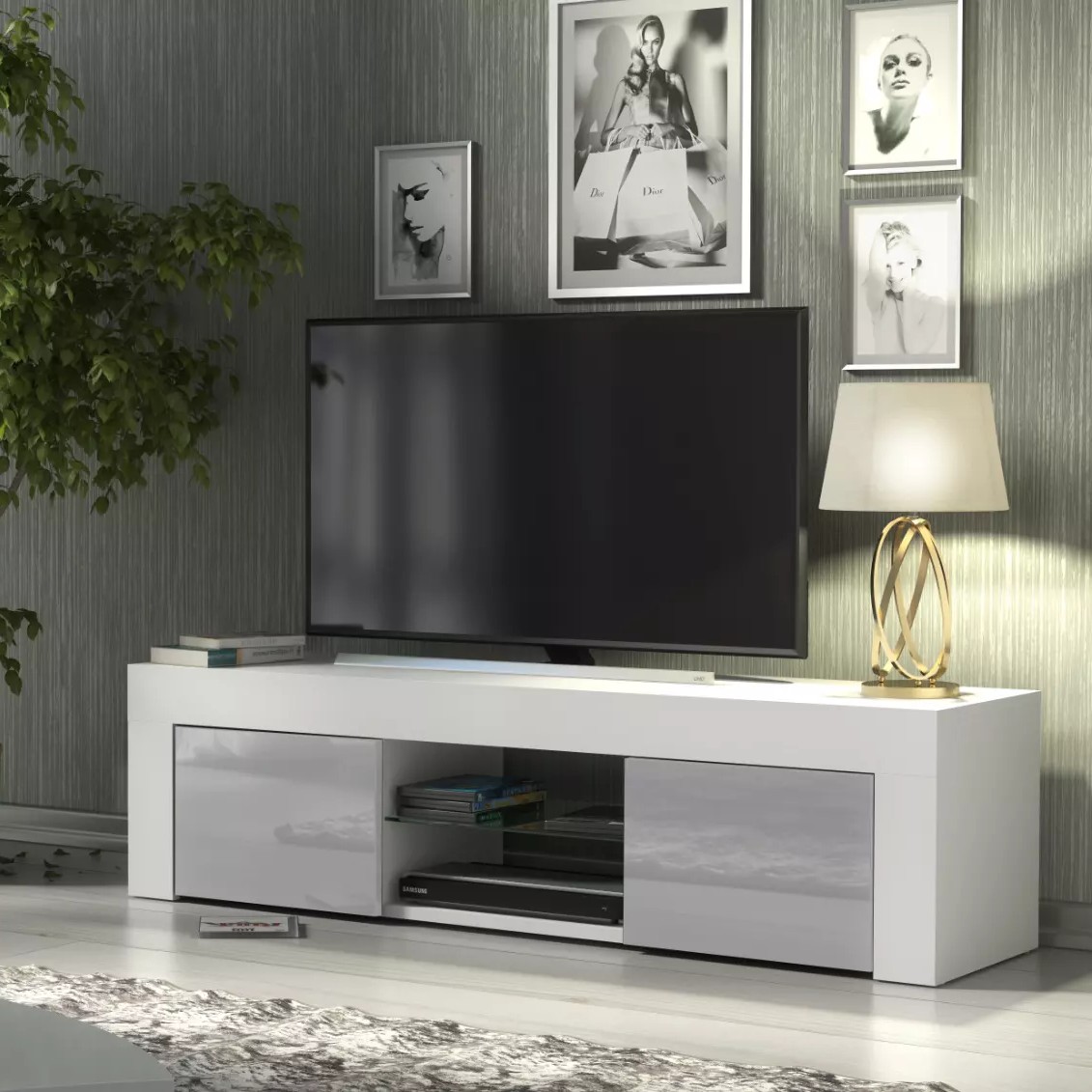 TUSSI Modern TV Unit Cabinet Stylish Matt Body And Gloss Doors 130cm - White with Grey - Maximillian Hub