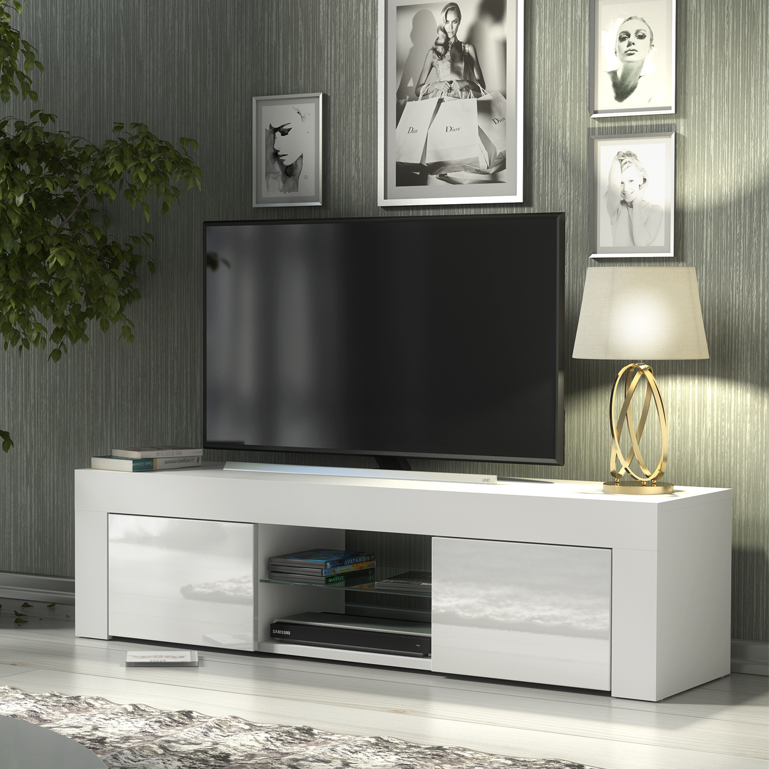 TUSSI Modern TV Unit Cabinet Stylish Matt Body And Gloss Doors 130cm - White - Maximillian Hub