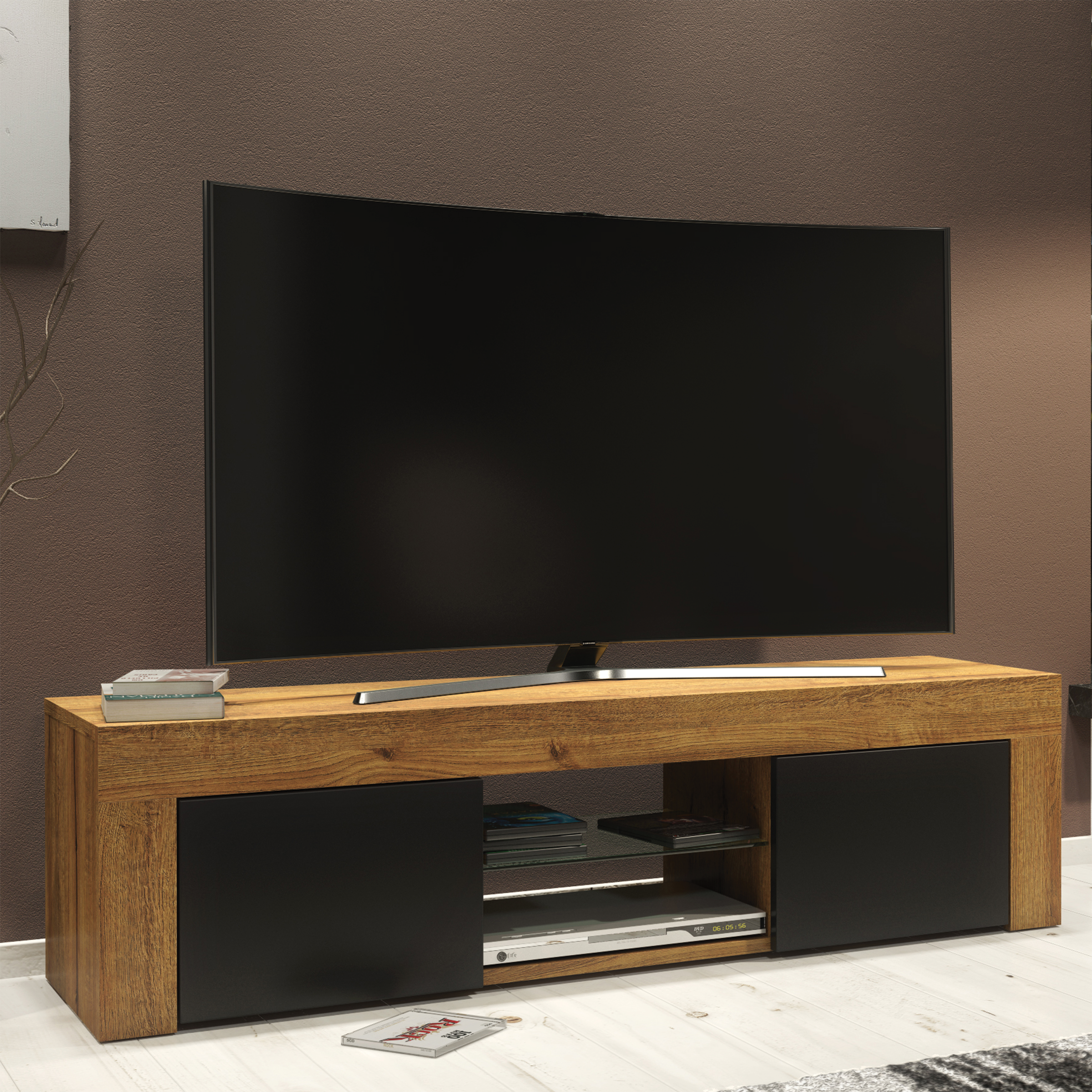 TUSSI Modern TV Unit Cabinet Stylish Matt Body And Matt Doors 130cm - Oak with Black - Maximillian Hub