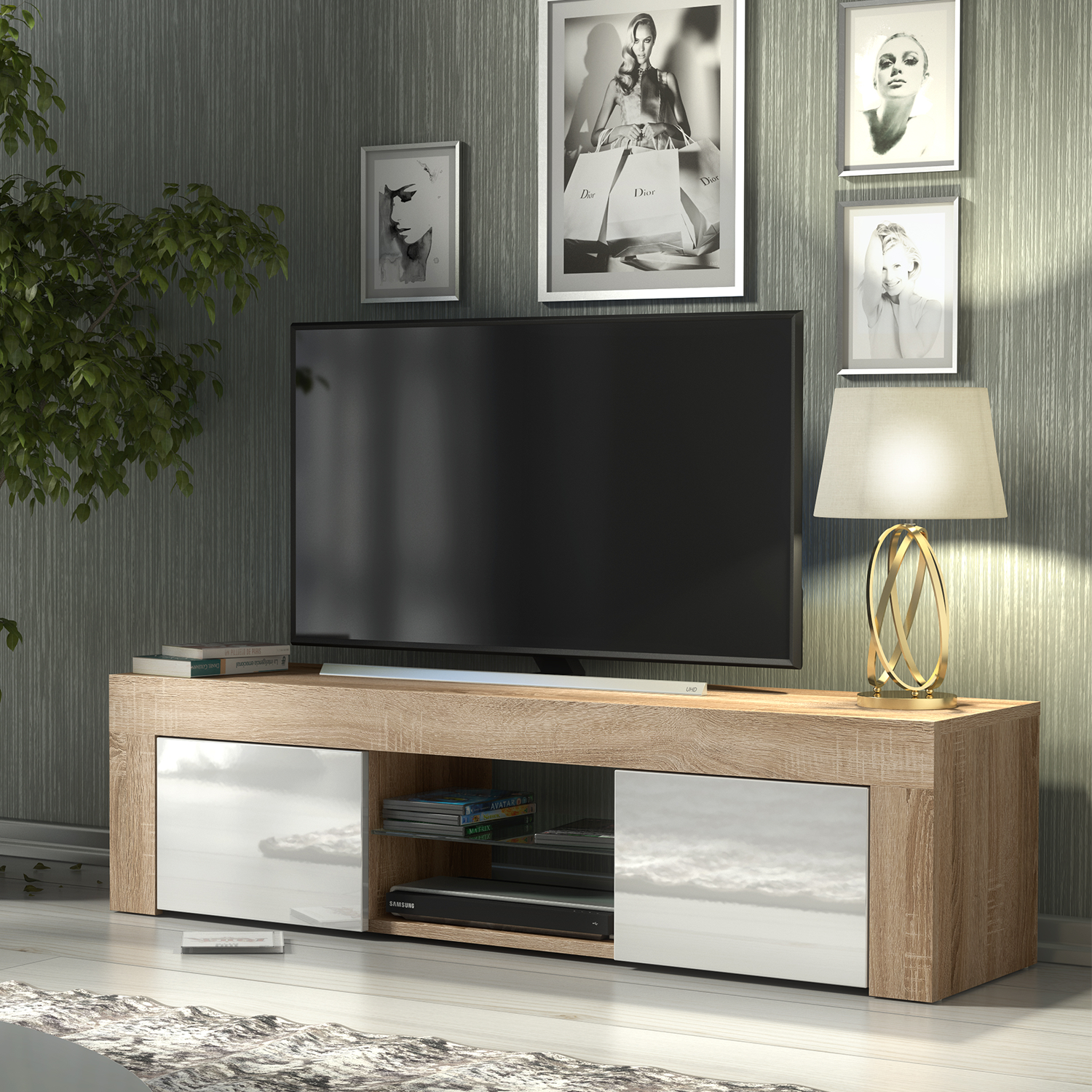TUSSI Modern TV Unit Cabinet Stylish Matt Body And Gloss Doors 130cm - Oak with White - Maximillian Hub