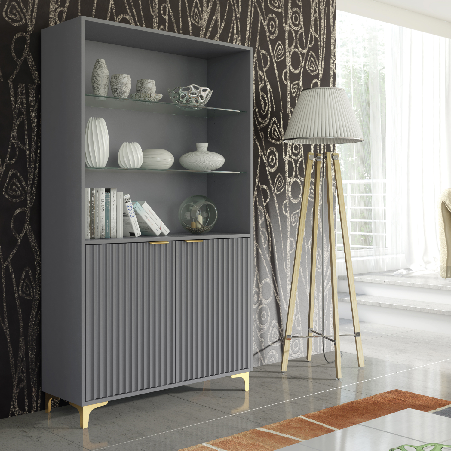 PERUGIA Crest Display Cabinet 175cm - Dark Grey - Crete Bay