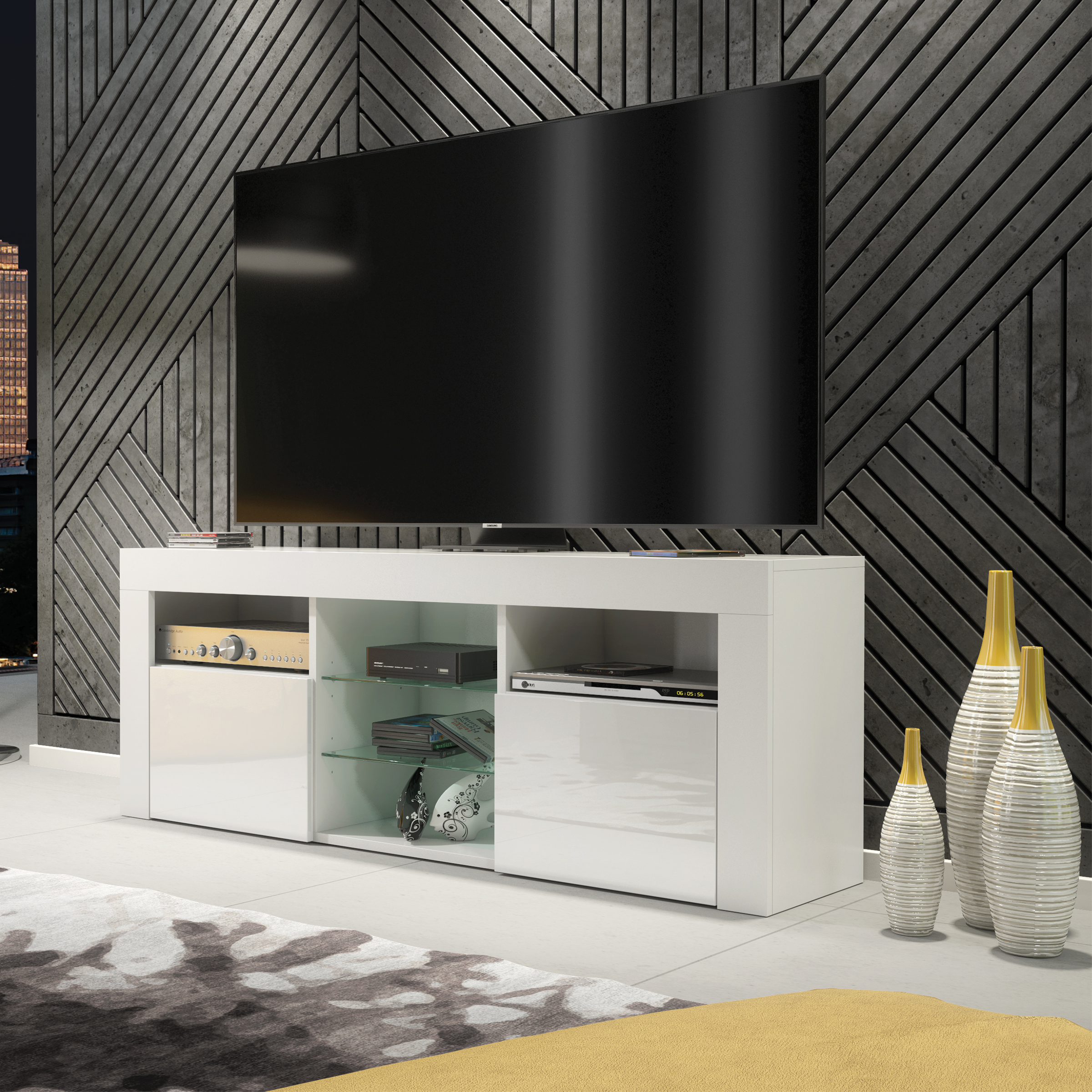 AMBA Modern TV Unit Stylish Storage Cabinet with Gloss Doors 145cm - White - Maximillian Hub