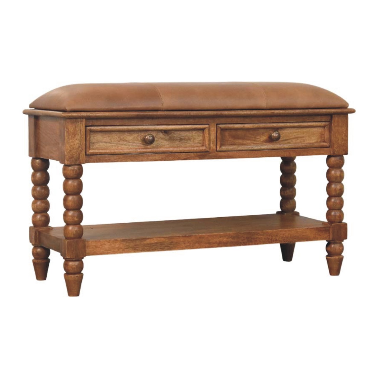 SPINDO Wooden Storage Leather Seat Bench - Medium Oak - Beasley & Sons