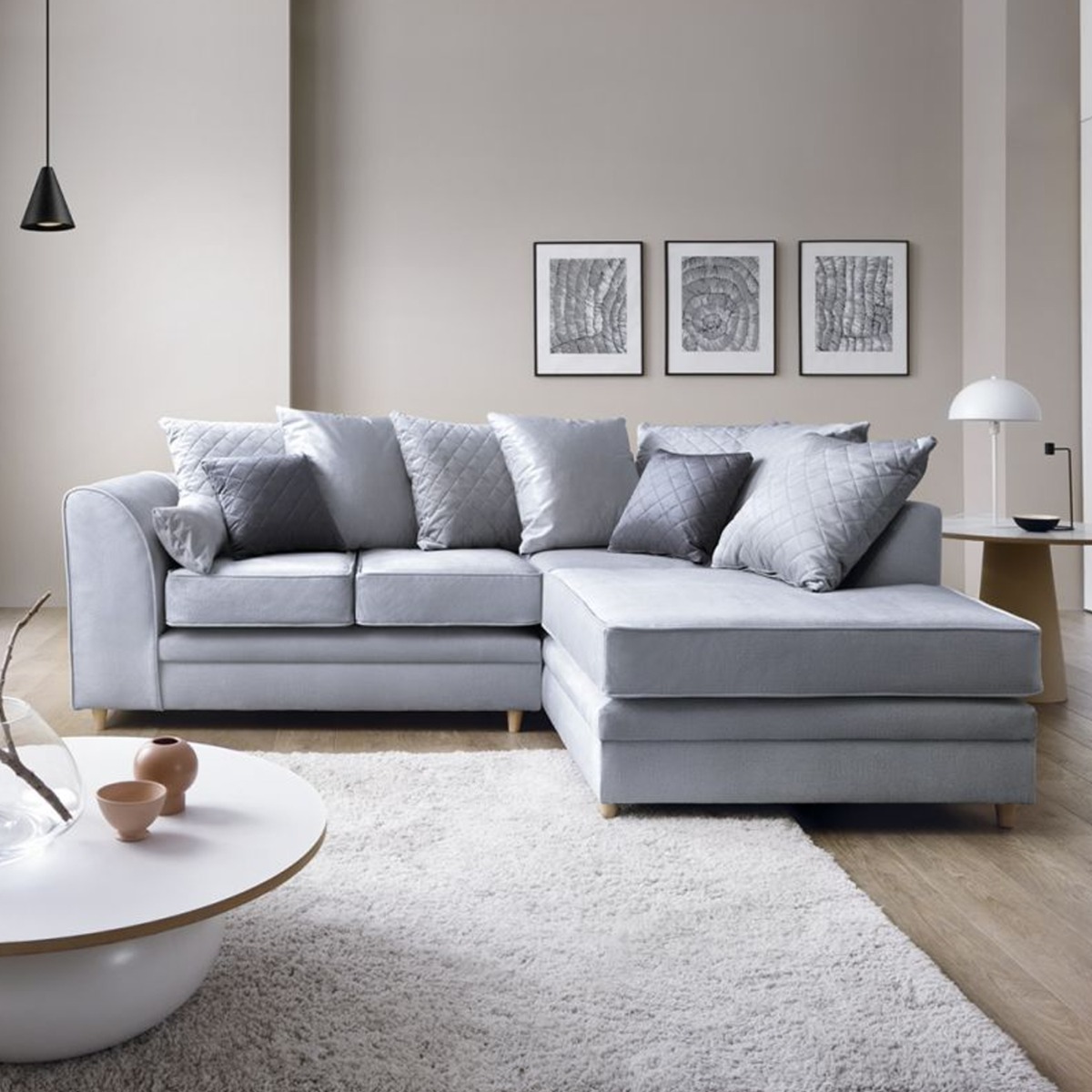 NIOMI Velvet 4 Seater L Shaped - Right Hand Facing Corner Sofa - Light Grey - Moonlight Interiors