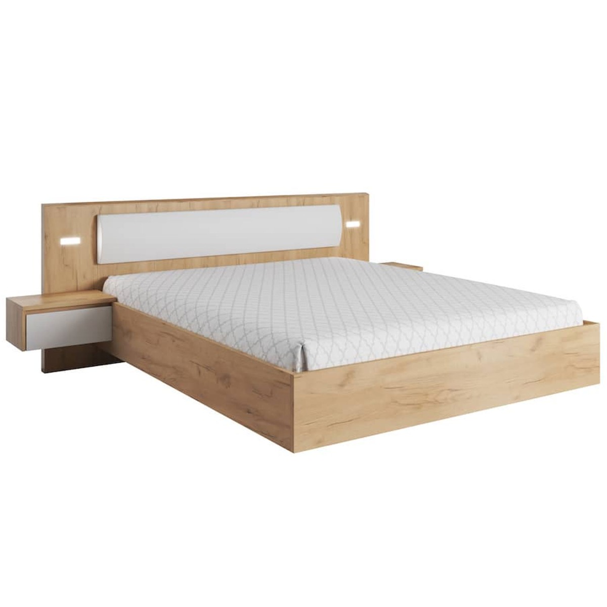 Maddox Henry King Size Bed Frame with Bedside Cabinets - White and Oak Golden - Art Nest