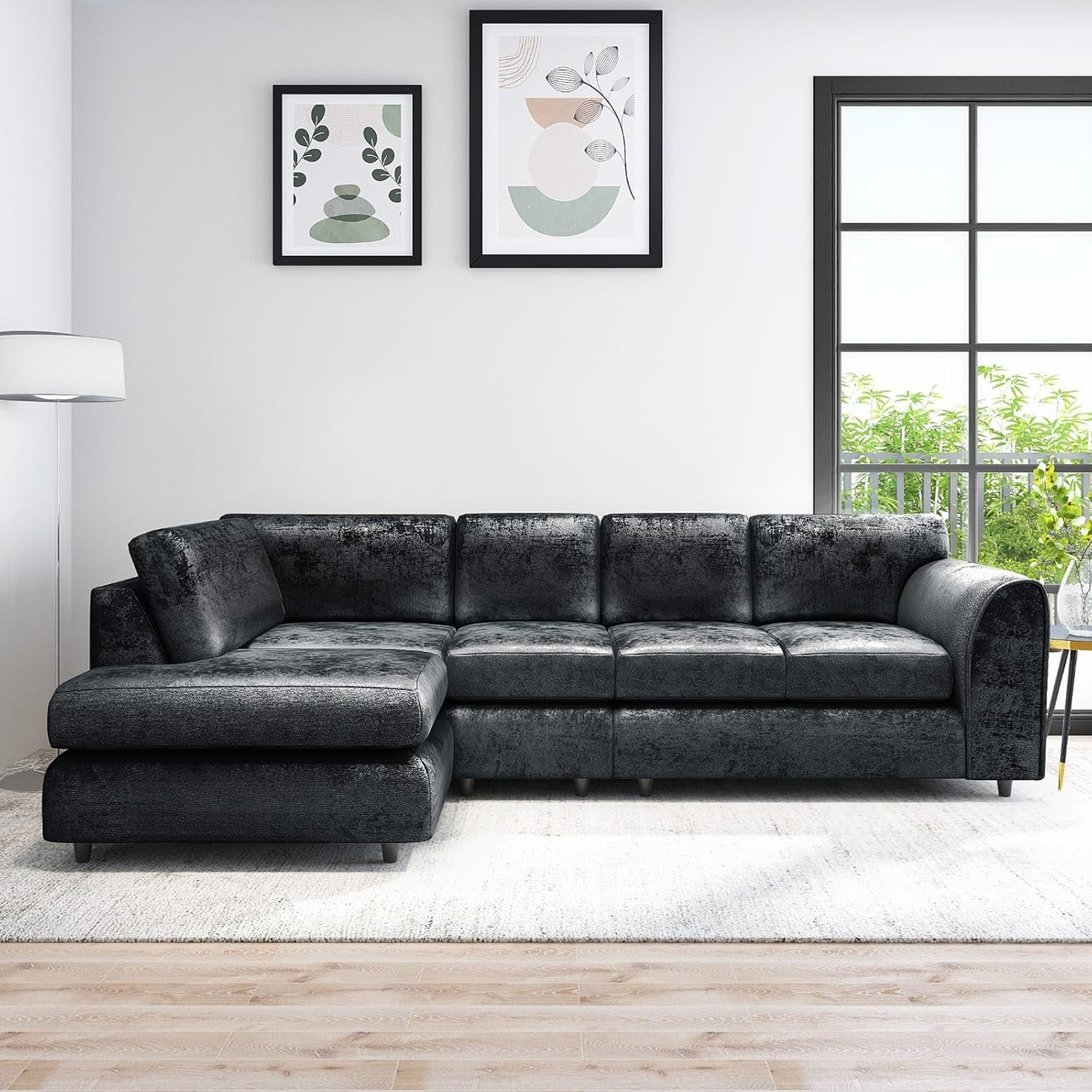 VELOURA Crush Velvet Large 5 Seater L Shaped Fullback Corner Sofa - Black, Left Hand Facing - Home Done