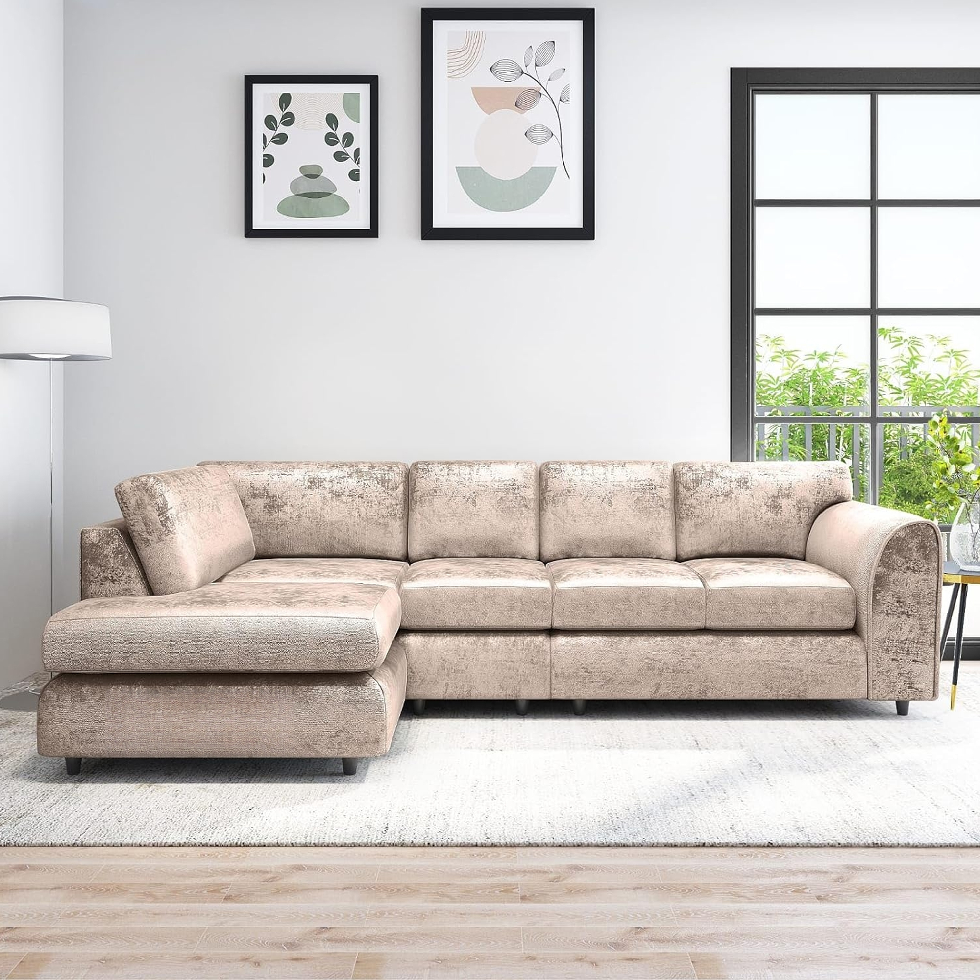VELOURA Crush Velvet Large 5 Seater L Shaped Fullback Corner Sofa - Mink , Left Hand Facing - Home Done