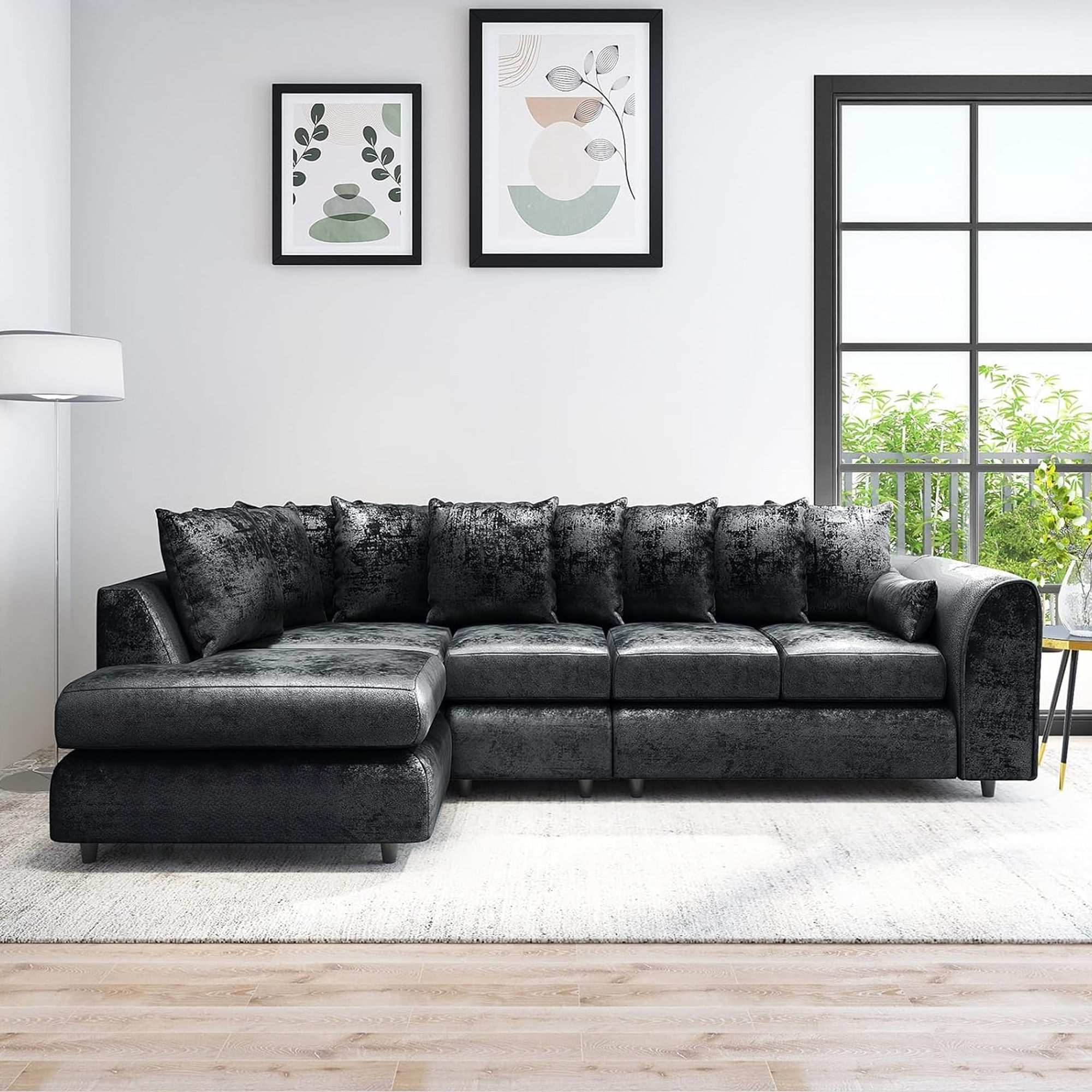 VELOURA Crush Velvet Large 5 Seater L Shaped Scatterback Corner Sofa - Black, Left Hand Facing - Home Done