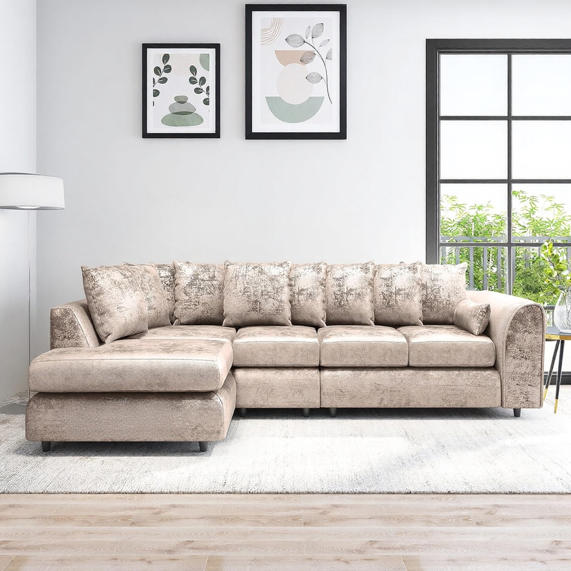 VELOURA Crush Velvet Large 5 Seater L Shaped Scatterback Corner Sofa - Mink , Left Hand Facing - Home Done