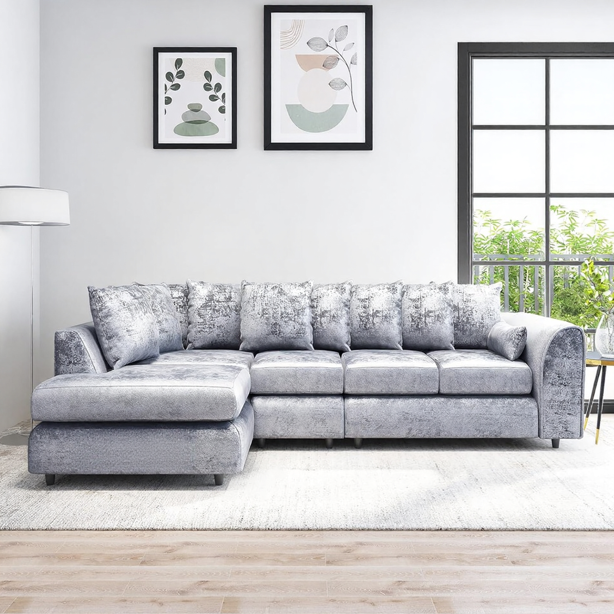 VELOURA Crush Velvet Large 5 Seater L Shaped Scatterback Corner Sofa - Silver, Left Hand Facing - Home Done