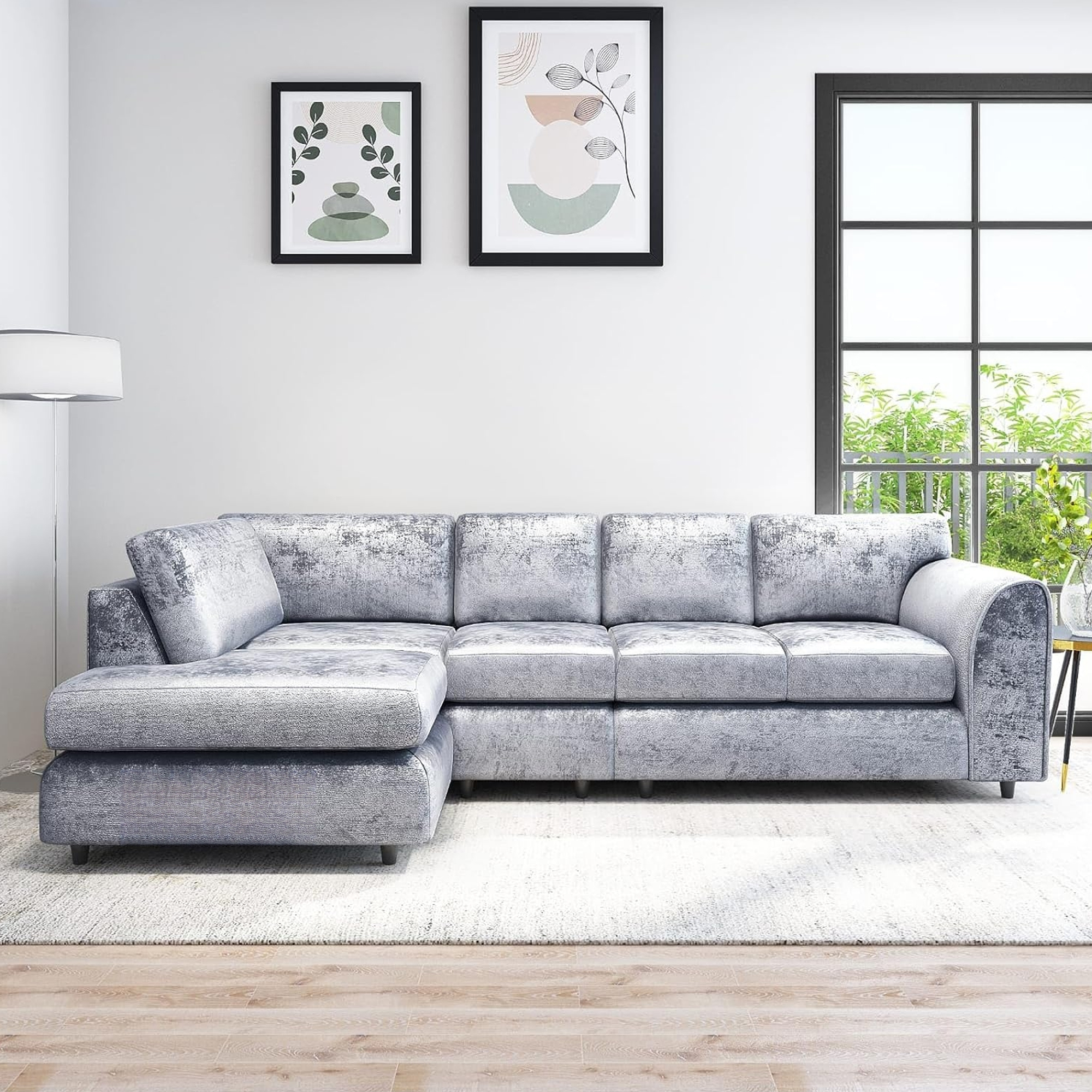 VELOURA Crush Velvet Large 5 Seater L Shaped Fullback Corner Sofa - Silver, Left Hand Facing - Home Done