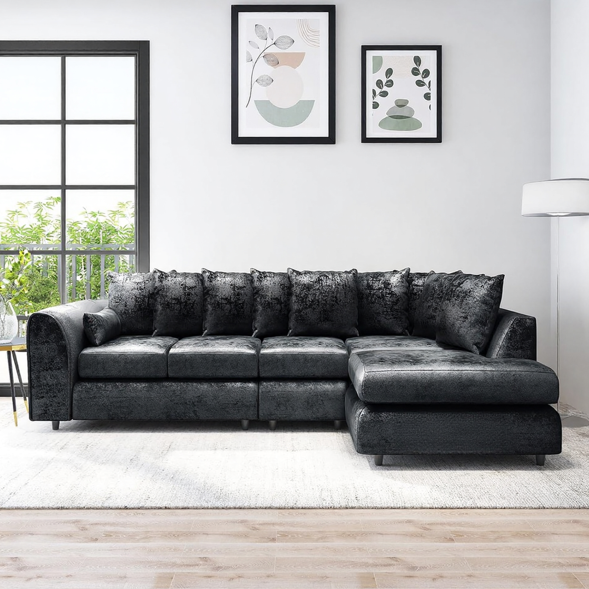 VELOURA Crush Velvet Large 5 Seater L Shaped Scatterback Corner Sofa - Black, Right Hand Facing - Home Done