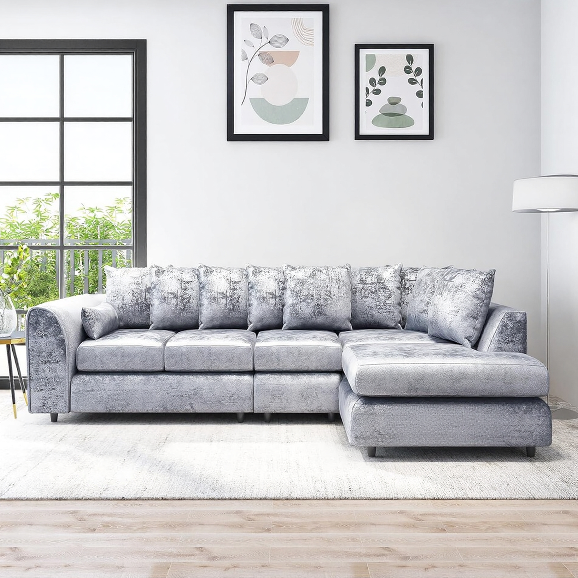 VELOURA Crush Velvet Large 5 Seater L Shaped Scatterback Corner Sofa - Silver, Right Hand Facing - Home Done