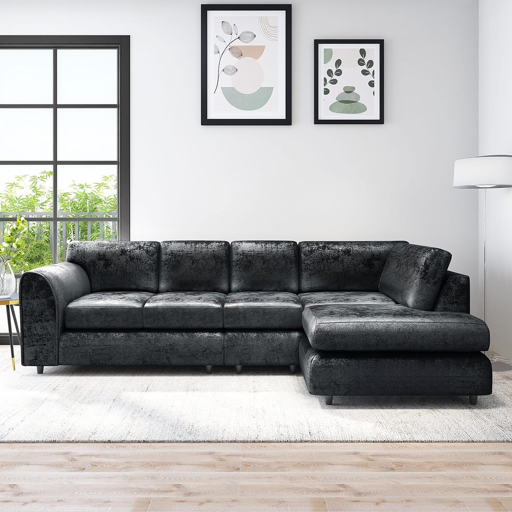 VELOURA Crush Velvet Large 5 Seater L Shaped Fullback Corner Sofa - Black, Right Hand Facing - Home Done