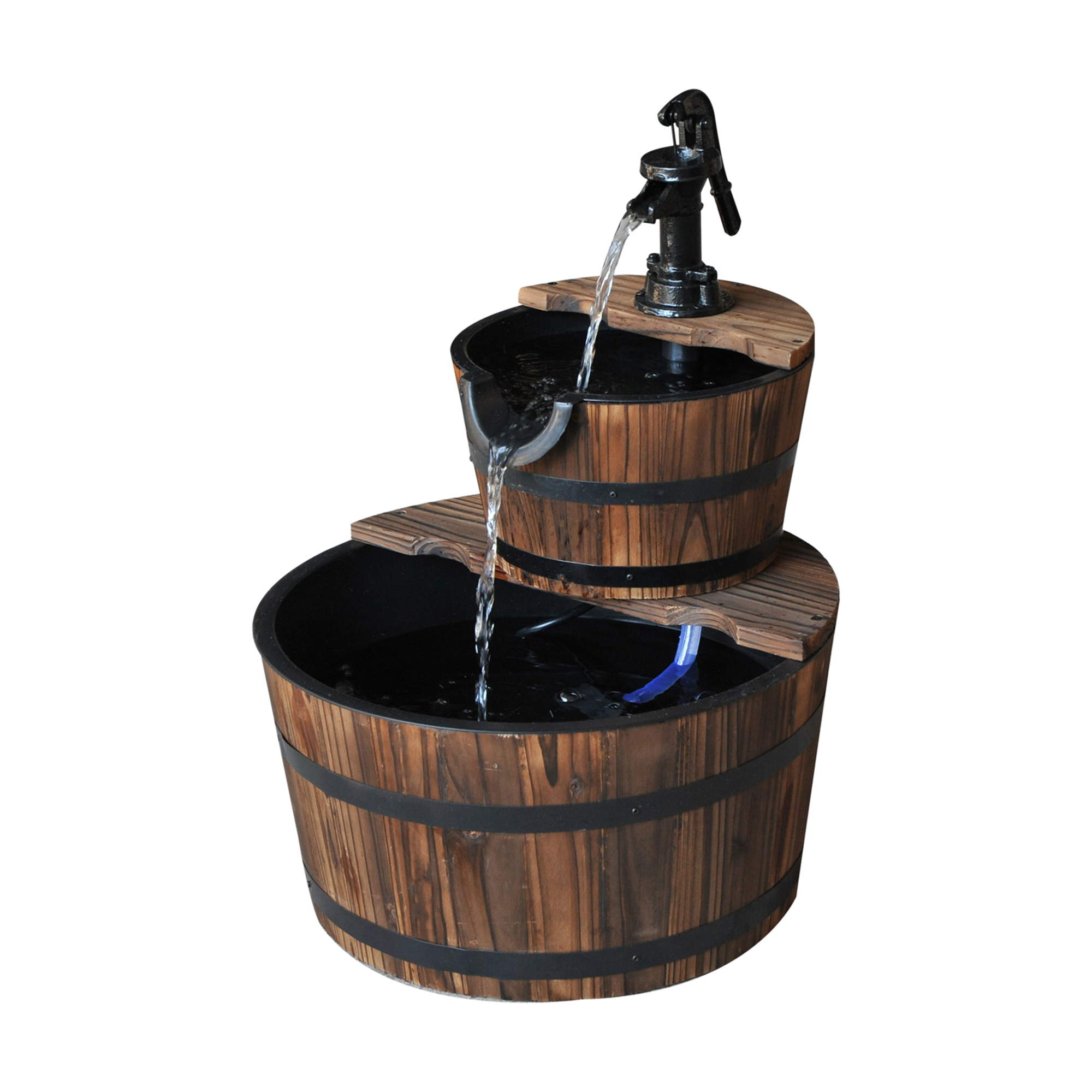Wooden Water Pump Fountain Cascading Feature Barrel Garden Deck (2 Tier) - Life Essentials