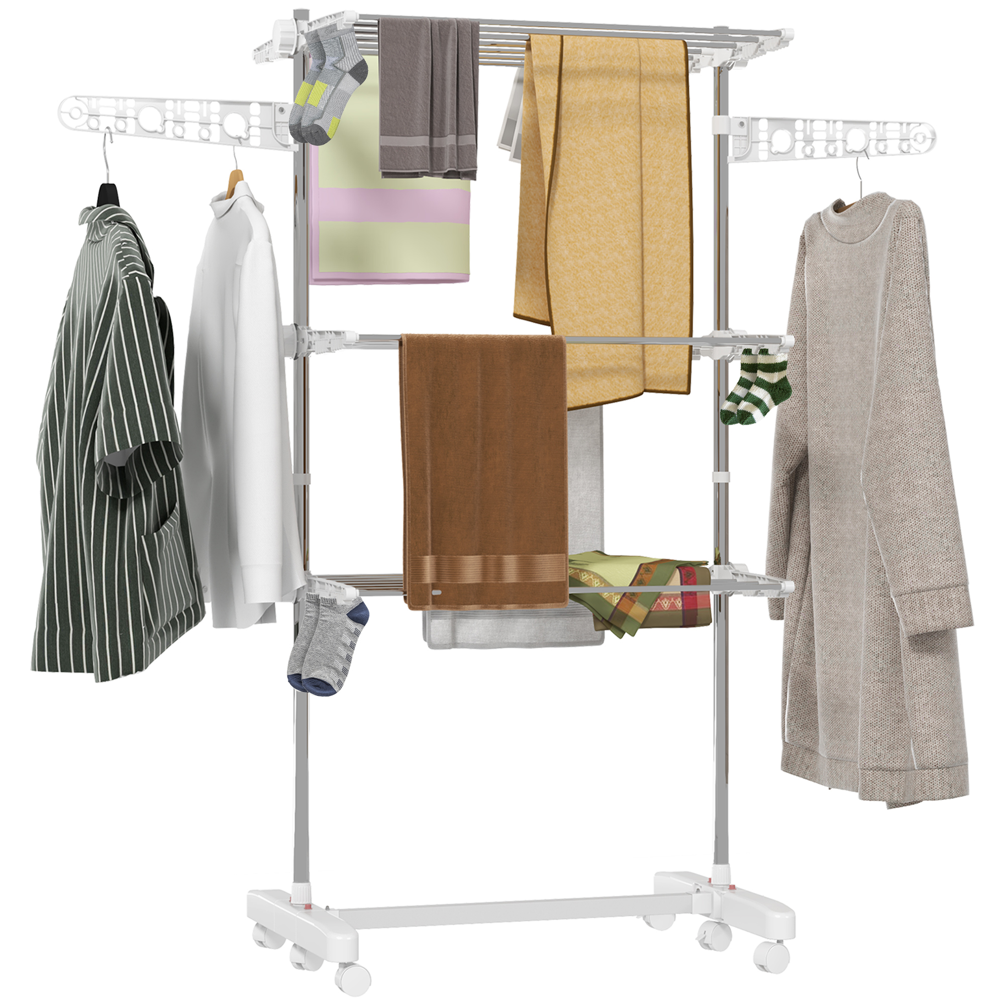 Cloths Drying Rack - 3 Tier Foldable Clothes Drying Rack with Wheels White 142cm - Life Essentials