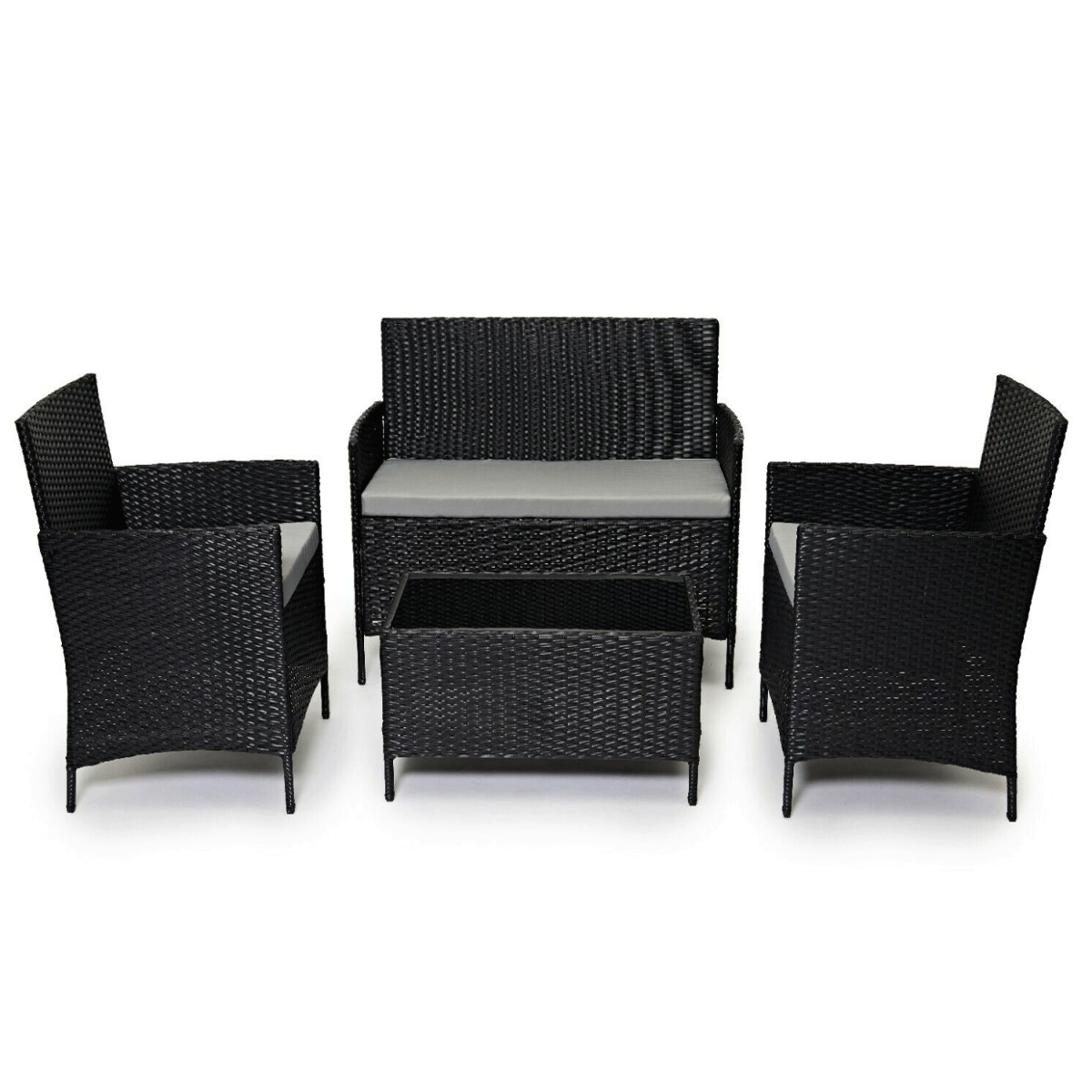 4 Piece Sofa Table with Chairs Rattan Garden Wicker Set - Black - Bedroom & More