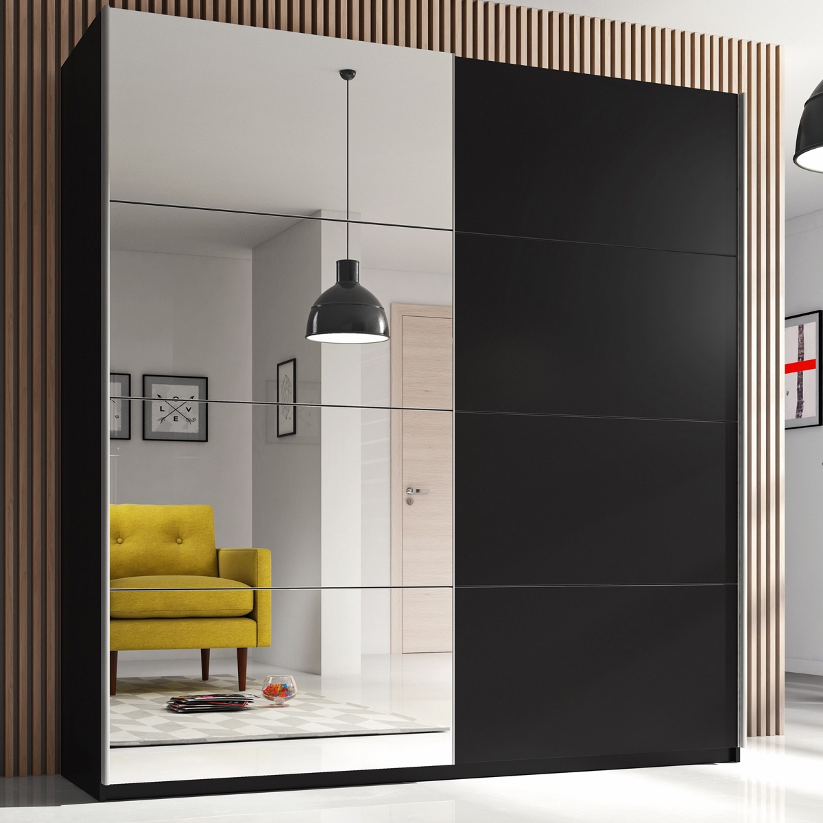 Sliding Wardrobe - VIMA 2 Door Mirrored Wardrobe Matt Black 180cm - Interior Savant