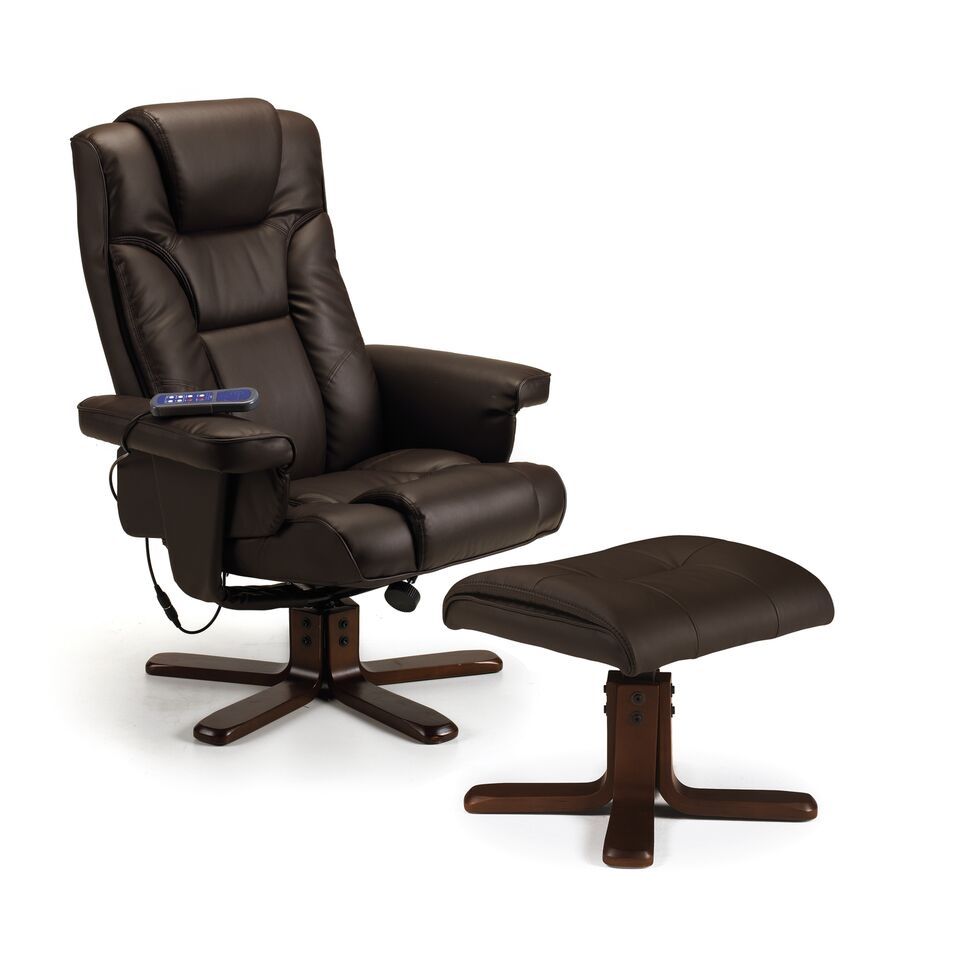 Malmo Faux Leather Massage Swivel Recliner Armchair and Stool - Brown - JB Collections