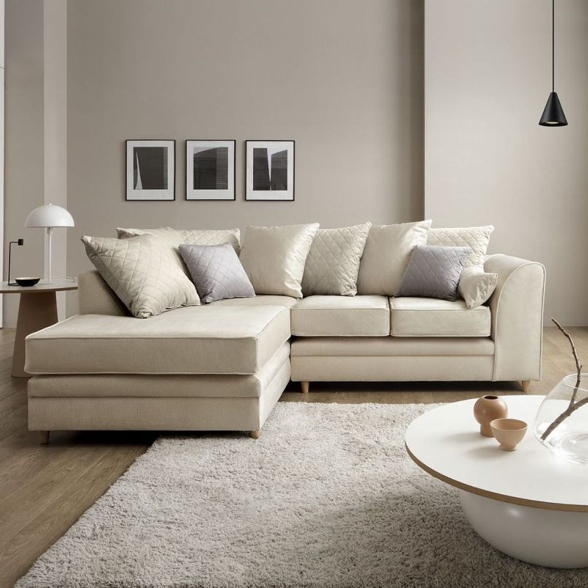 NIOMI Velvet 4 Seater L Shaped - Left Hand Facing Corner Sofa - Cream - Moonlight Interiors