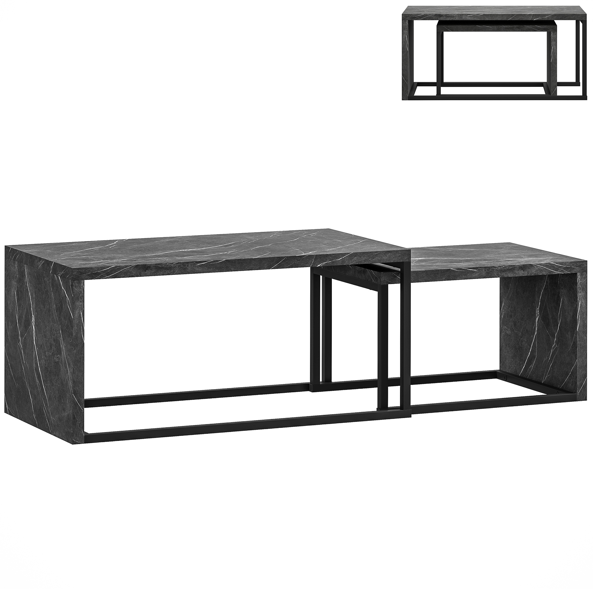 HERON Coffee Tables Set of 2 Industrial Nest of Tables Dark Grey Marble Effect - Life Essentials