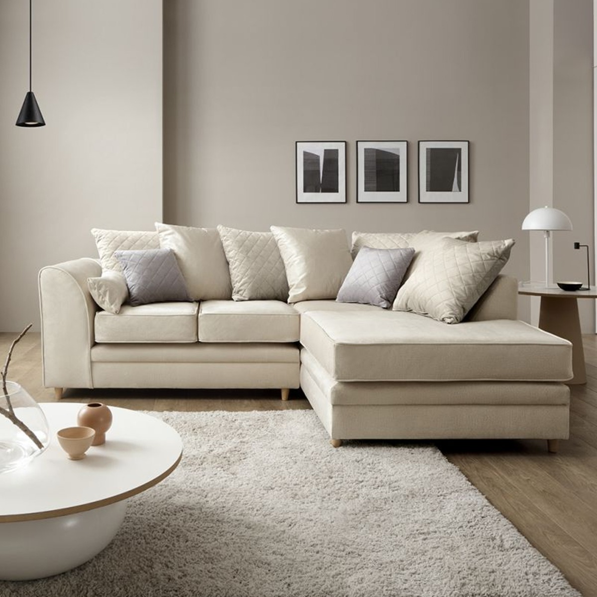 NIOMI Velvet 4 Seater L Shaped - Right Hand Facing Corner Sofa - Cream - Moonlight Interiors